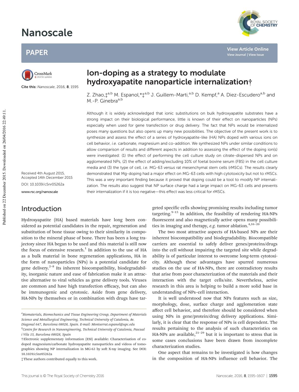 Ion-doping as a strategy to modulate hydroxyapatite nanoparticle internalization by Z. Zhao M. Espanol J. Guillem-Marti D. Kempf A. Diez-Escudero M.-P. Ginebra