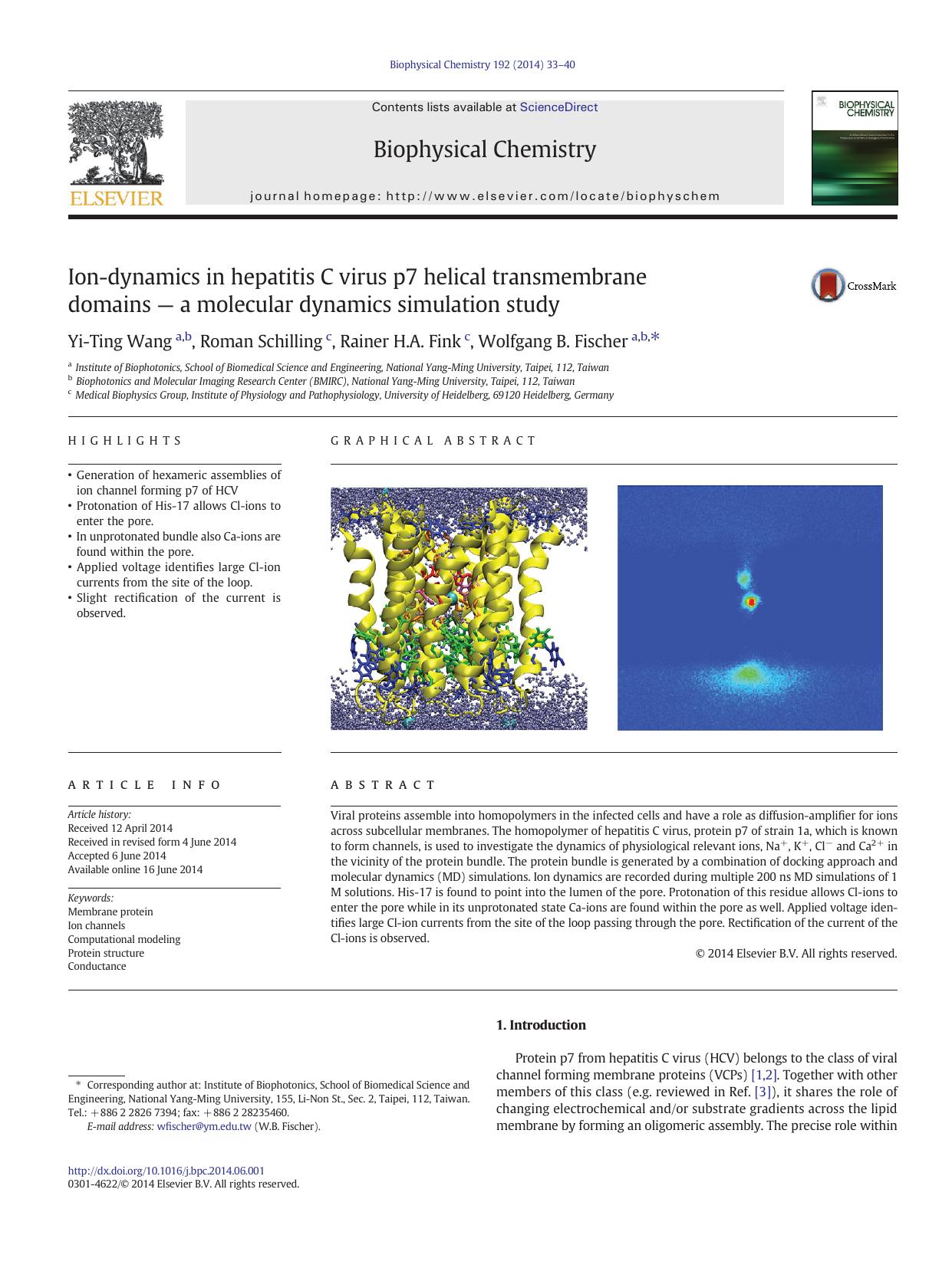 Ion-dynamics in hepatitis C virus p7 helical transmembrane domains â a molecular dynamics simulation study by Yi-Ting Wang & Roman Schilling & Rainer H.A. Fink & Wolfgang B. Fischer