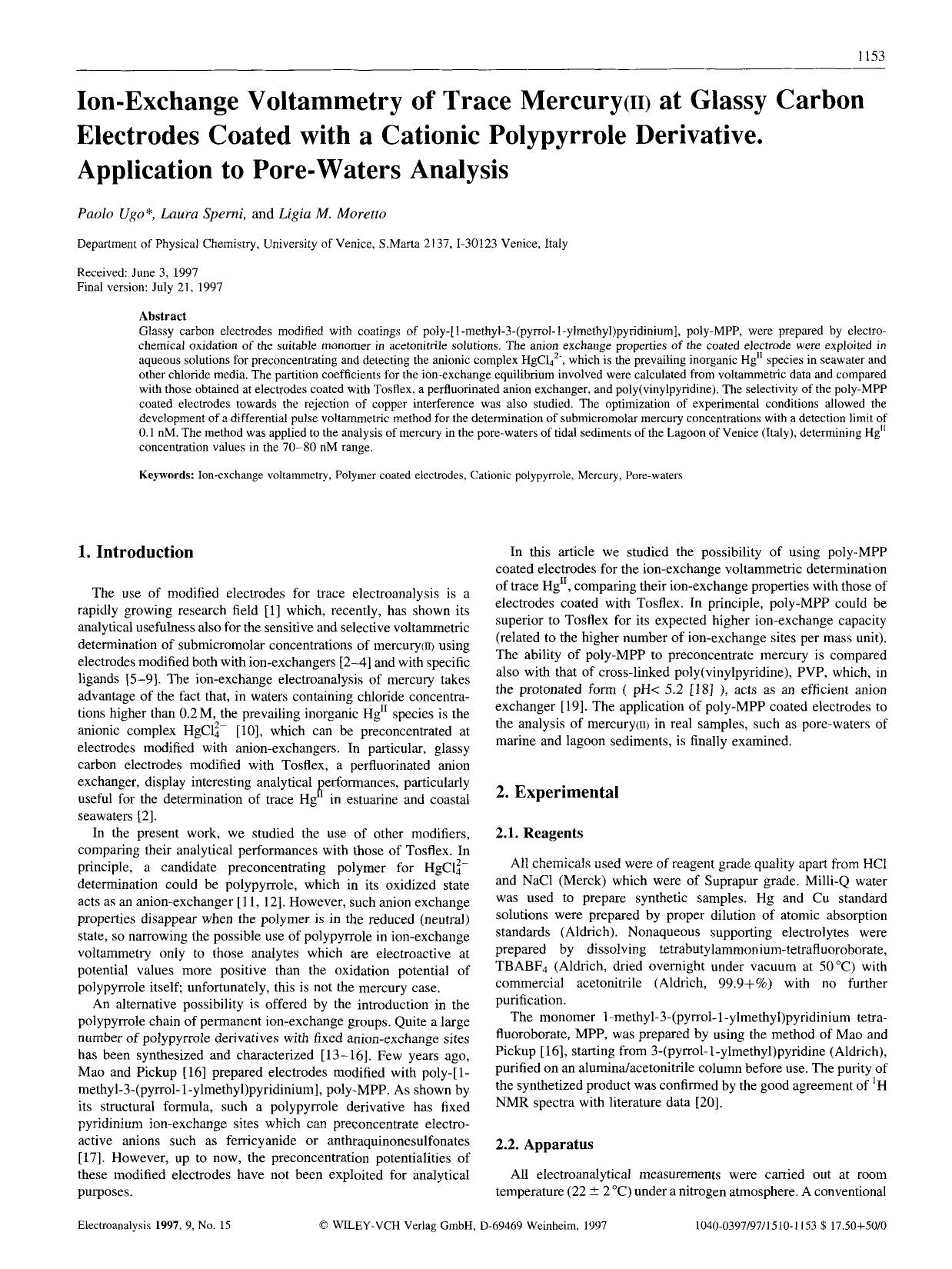 Ion-exchange voltammetry of trace mercury(II) at glassy carbon electrodes coated with a cationic polypyrrole derivative. Application to pore-waters analysis by Unknown