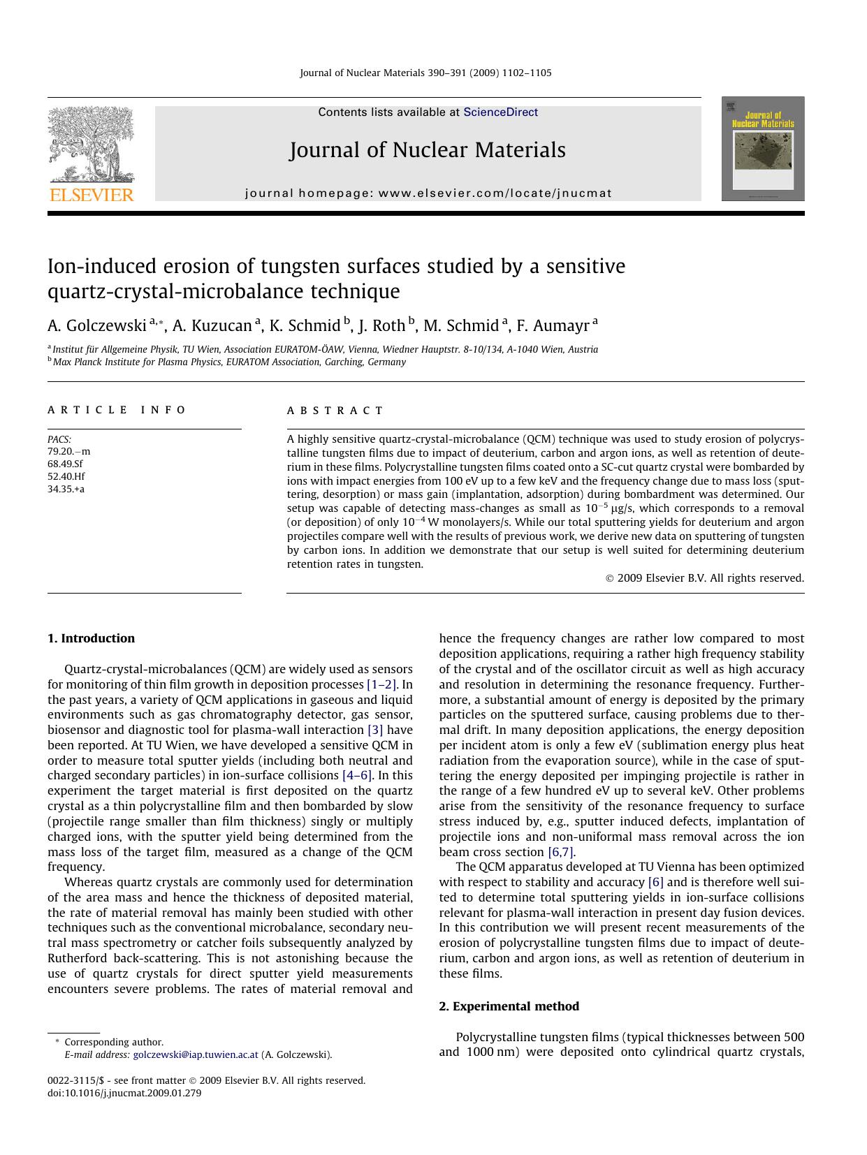 Ion-induced erosion of tungsten surfaces studied by a sensitive quartz-crystal-microbalance technique by A. Golczewski; A. Kuzucan; K. Schmid; J. Roth; M. Schmid; F. Aumayr