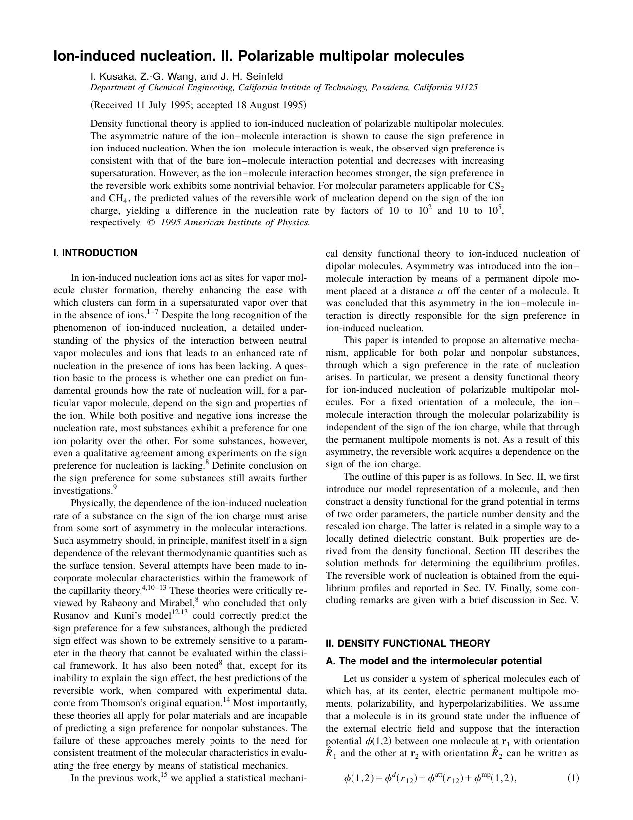 Ion-induced nucleation. II. Polarizable multipolar molecules by I. Kusaka & Z.-G. Wang & and J. H. Seinfeld
