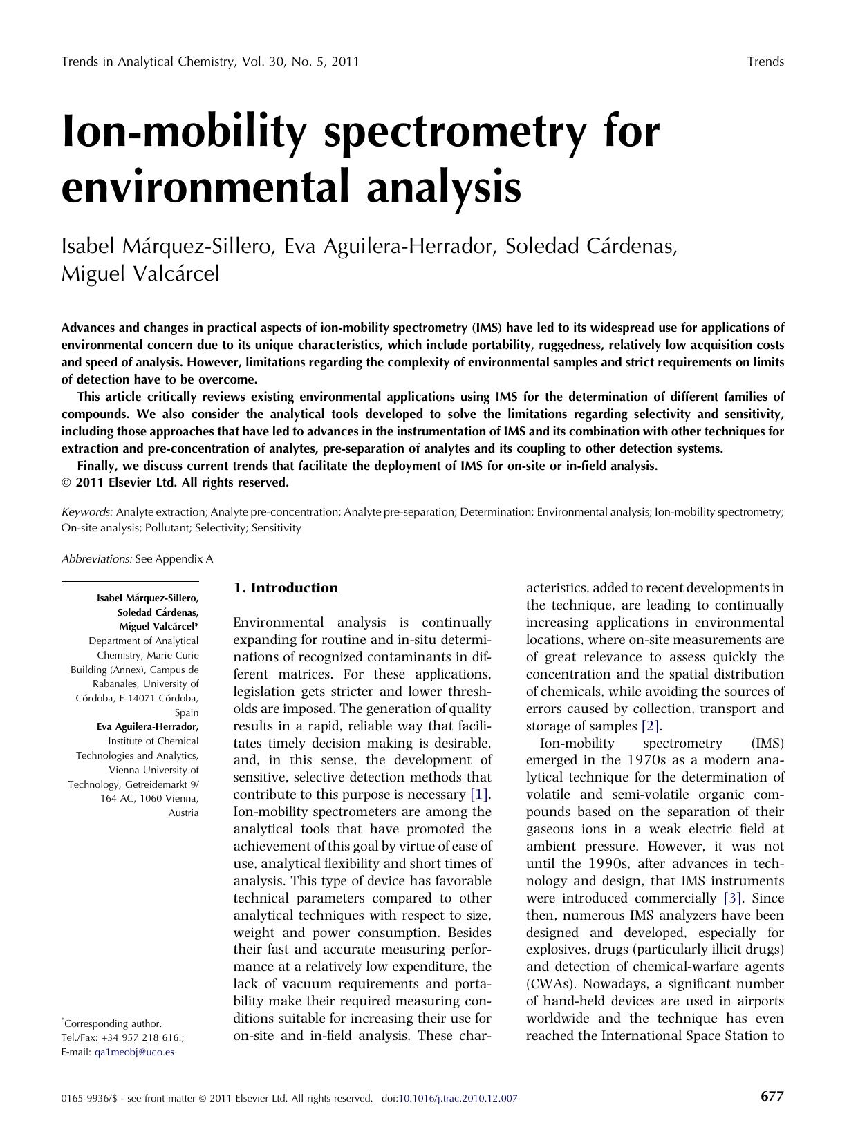 Ion-mobility spectrometry for environmental analysis by Isabel MÃ¡rquez-Sillero & Eva Aguilera-Herrador & Soledad Cárdenas & Miguel Valcárcel