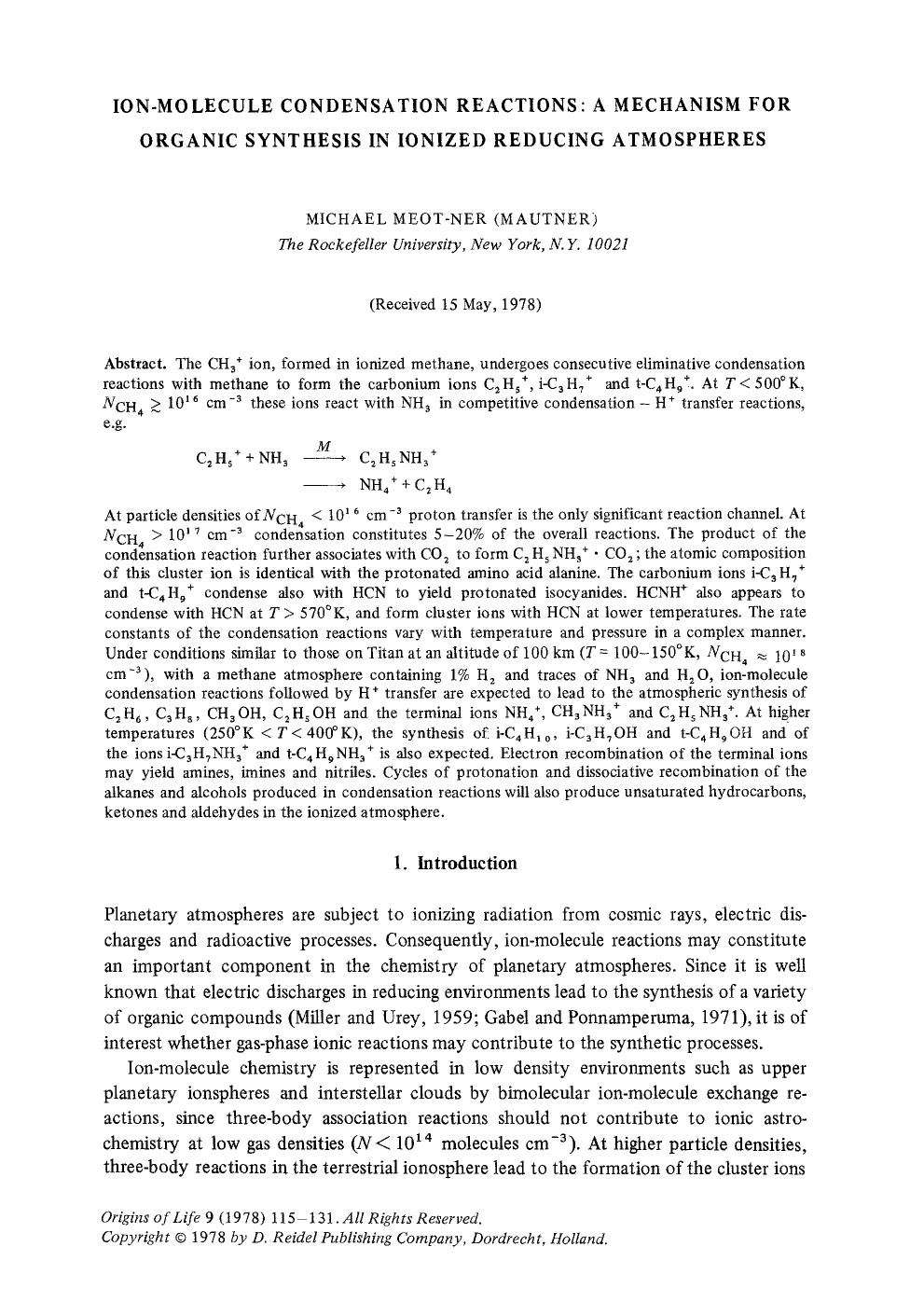 Ion-molecule condensation reactions: A mechanism for organic synthesis in ionized reducing atmospheres by Unknown