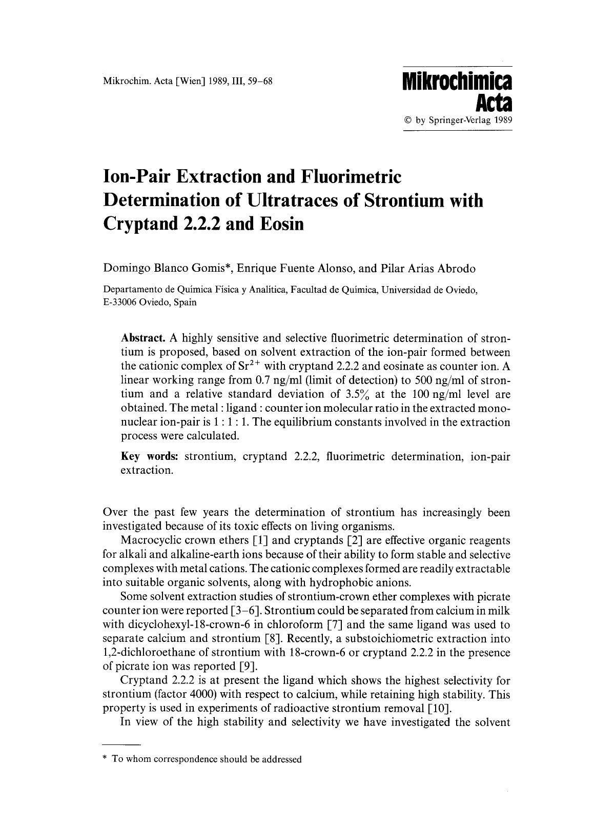 Ion-pair extraction and fluorimetric determination of ultratraces of strontium with cryptand 2.2.2 and eosin by Unknown