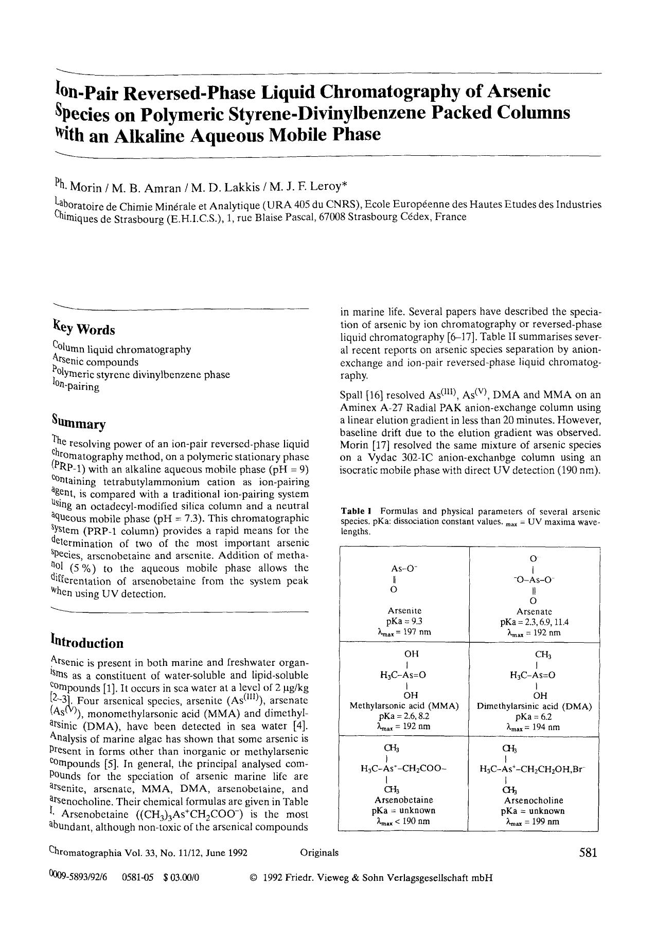 Ion-pair reversed-phase liquid chromatography of arsenic species on polymeric styrene-divinylbenzene packed columns with an alkaline aqueous mobile phase by Unknown