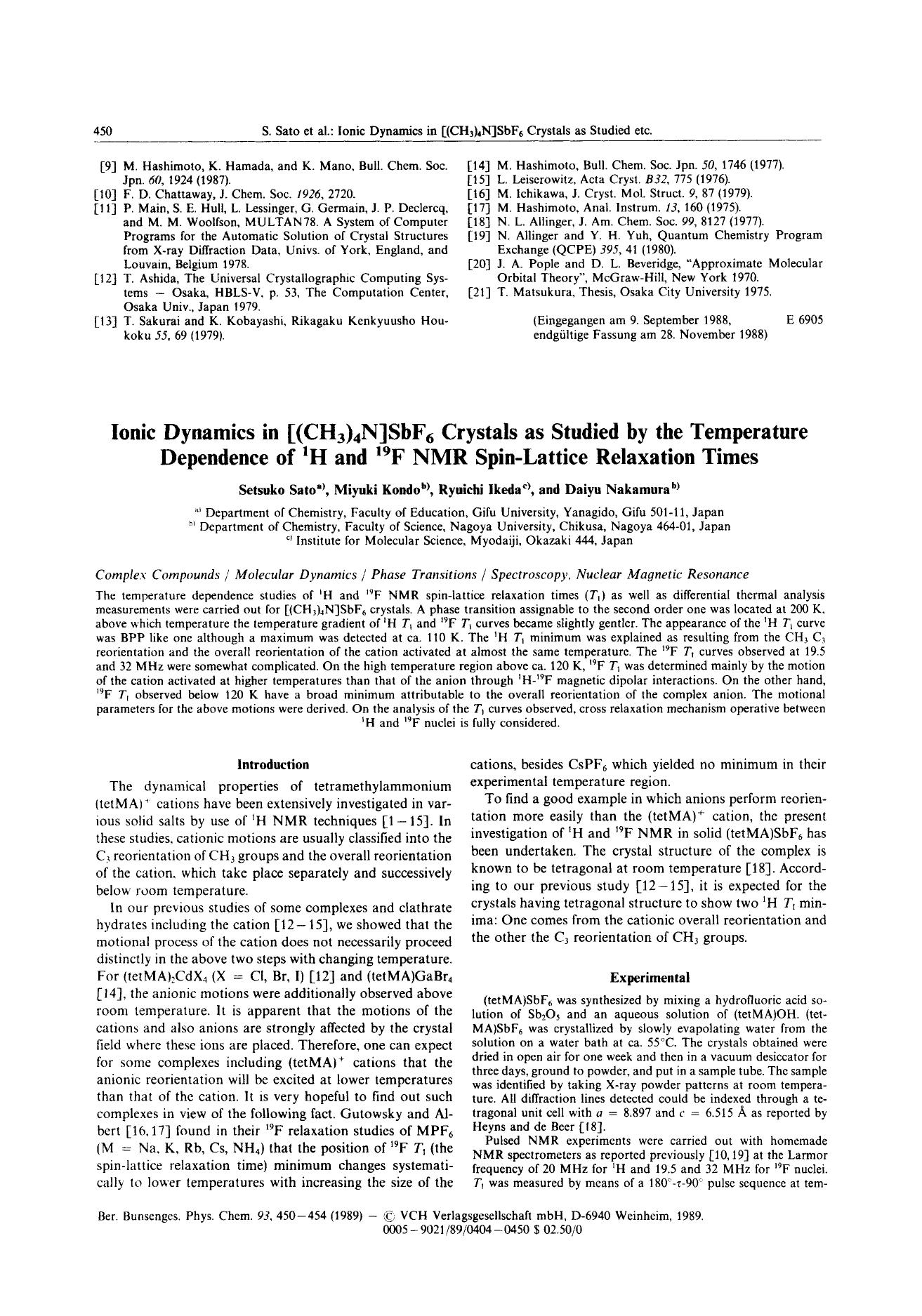 Ionic Dynamics in [(CH3)4N]SbF6 Crystals as Studied by the Temperature Dependence of 1H and 19F NMR Spin-Lattice Relaxation Times by Unknown