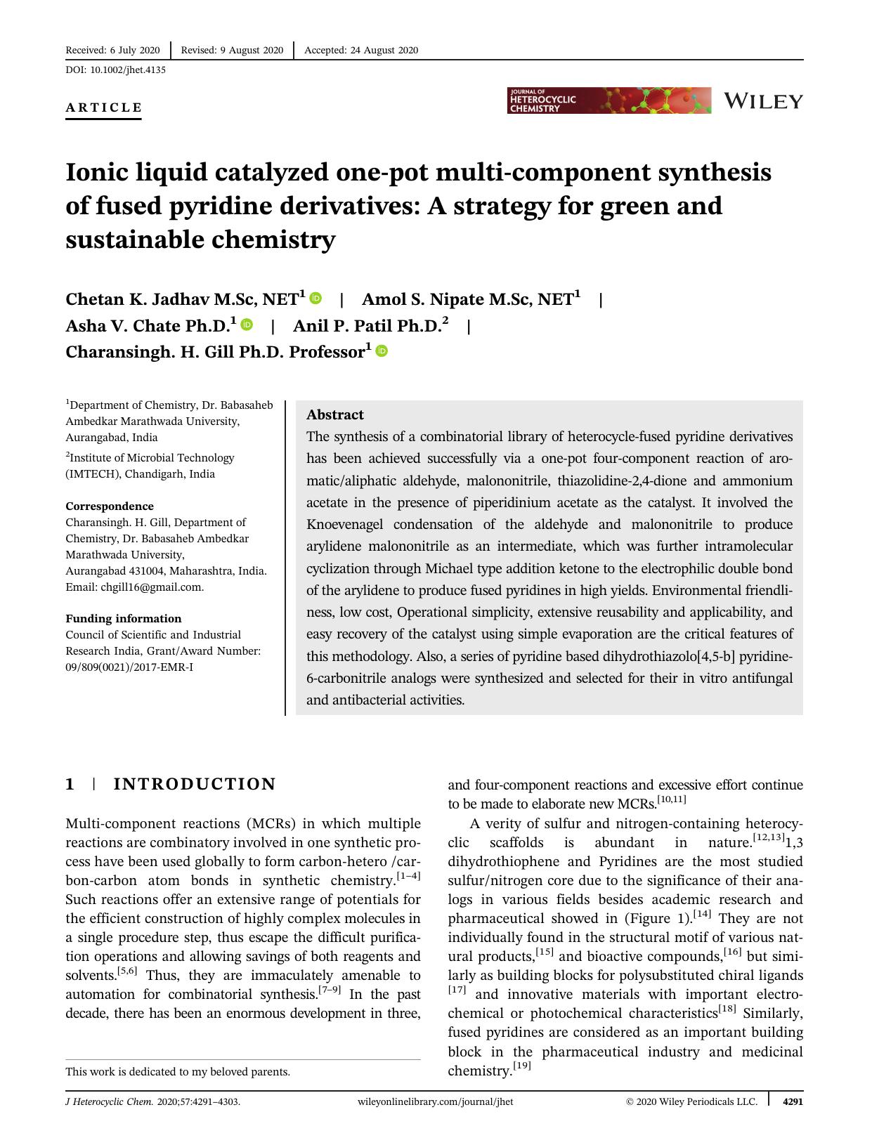 Ionic Liquid Catalyzed One-pot Multi-component Synthesis of Fused PyridineDerivatives: AStrategy for Green and Sustainable Chemistry by Unknown