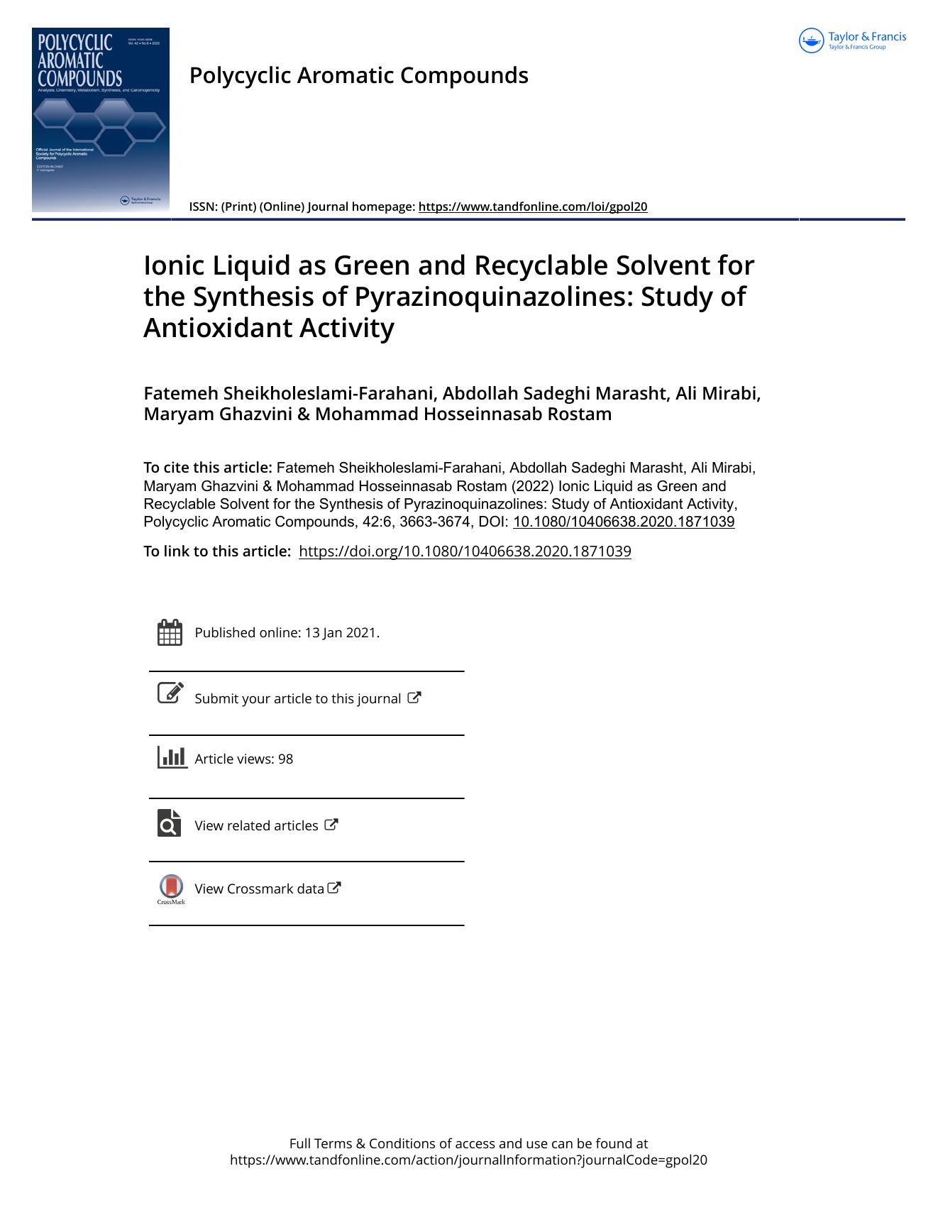 Ionic Liquid as Green and Recyclable Solvent for the Synthesis of Pyrazinoquinazolines: Study of Antioxidant Activity by unknow