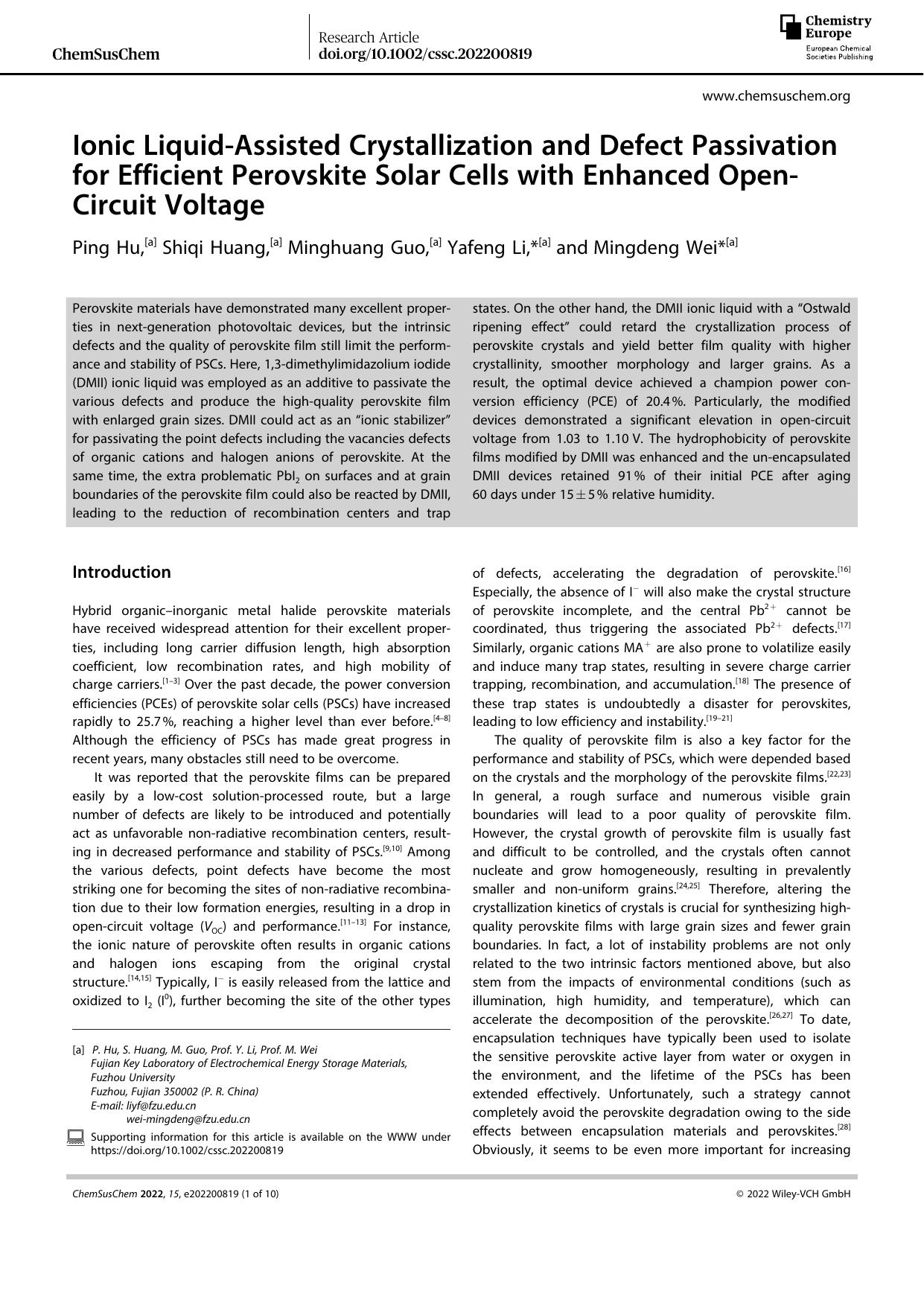 Ionic LiquidâAssisted Crystallization and Defect Passivation for Efficient Perovskite Solar Cells with Enhanced OpenâCircuit Voltage by Unknown