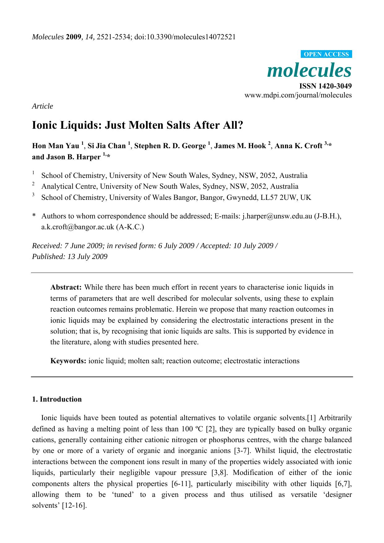 Ionic Liquids: Just Molten Salts After All? by Hon Man Yau & Si Jia Chan & Stephen R. D. George & James M. Hook & Anna K. Croft & Jason B. Harper