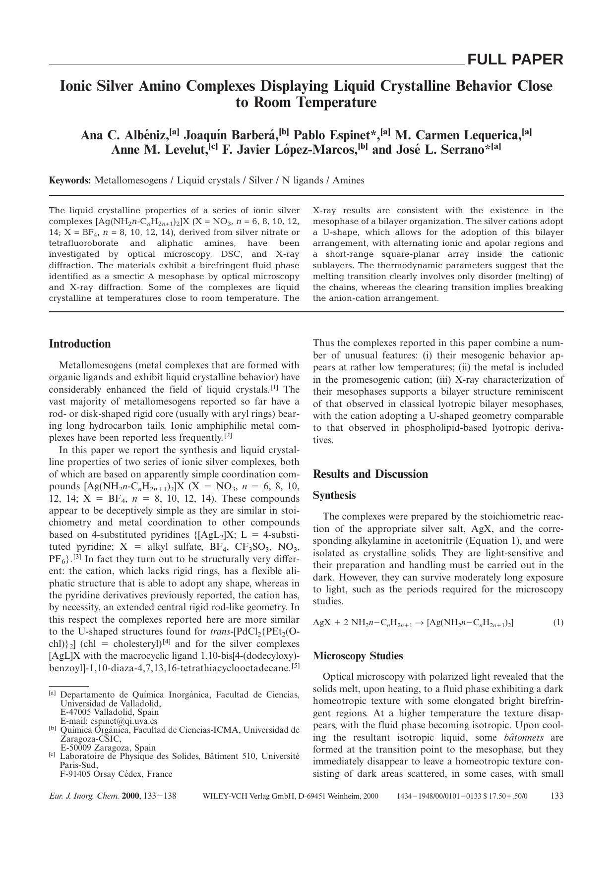 Ionic Silver Amino Complexes Displaying Liquid Crystalline Behavior Close to Room Temperature by Unknown