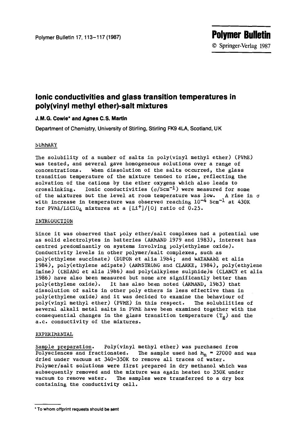 Ionic conductivities and glass transition temperatures in poly(vinyl methyl ether)-salt mixtures by Unknown