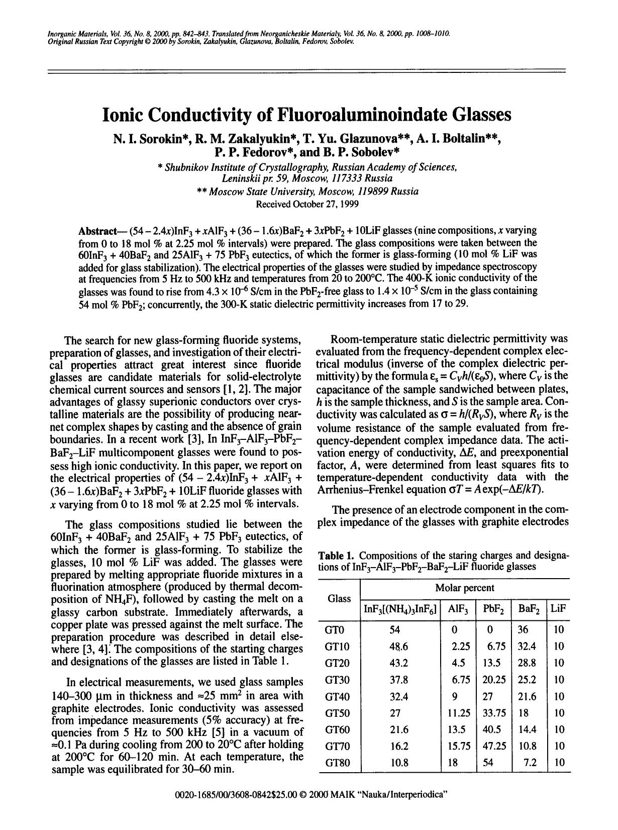 Ionic conductivity of fluoroaluminoindate glasses by Unknown