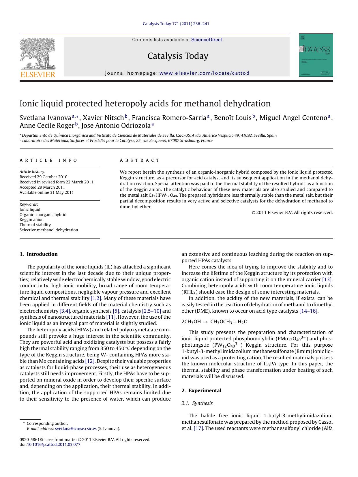 Ionic liquid protected heteropoly acids for methanol dehydration by Svetlana Ivanova