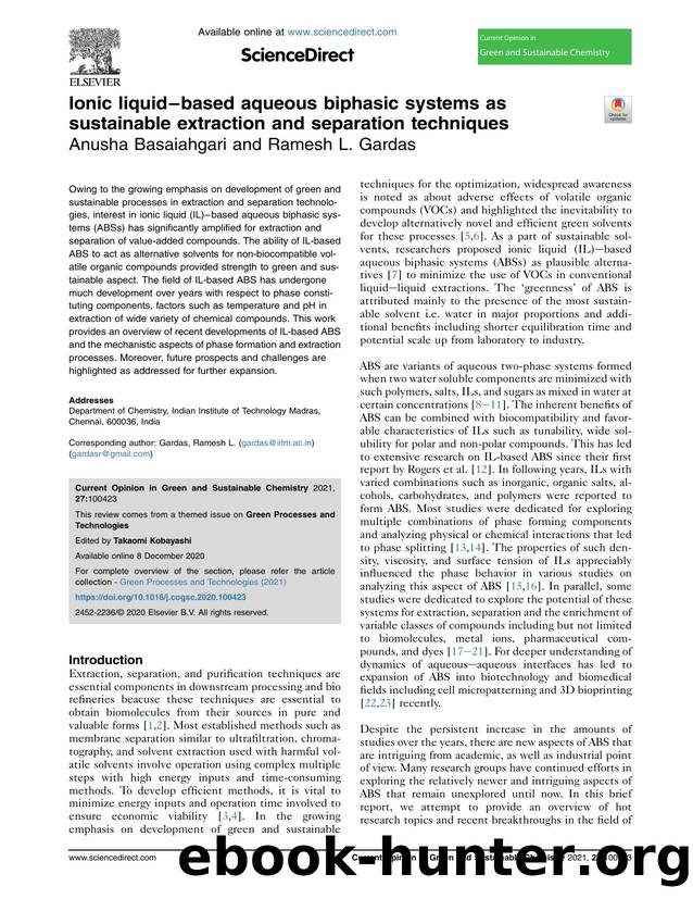 Ionic liquid-based aqueous biphasic systems as sustainable extraction and separation techniques by Anusha Basaiahgari & Ramesh L. Gardas