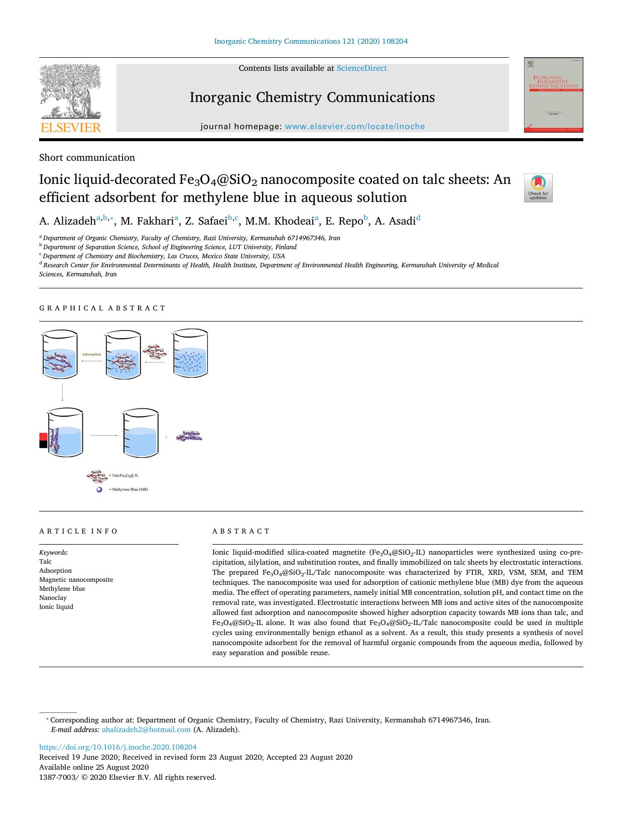 Ionic liquid-decorated Fe3O4@SiO2 nanocomposite coated on talc sheets_ An efficient adsorbent for methylene blue in aqueous solution by A. Alizadeh & M. Fakhari & Z. Safaei & M.M. Khodeai & E. Repo & A. Asadi