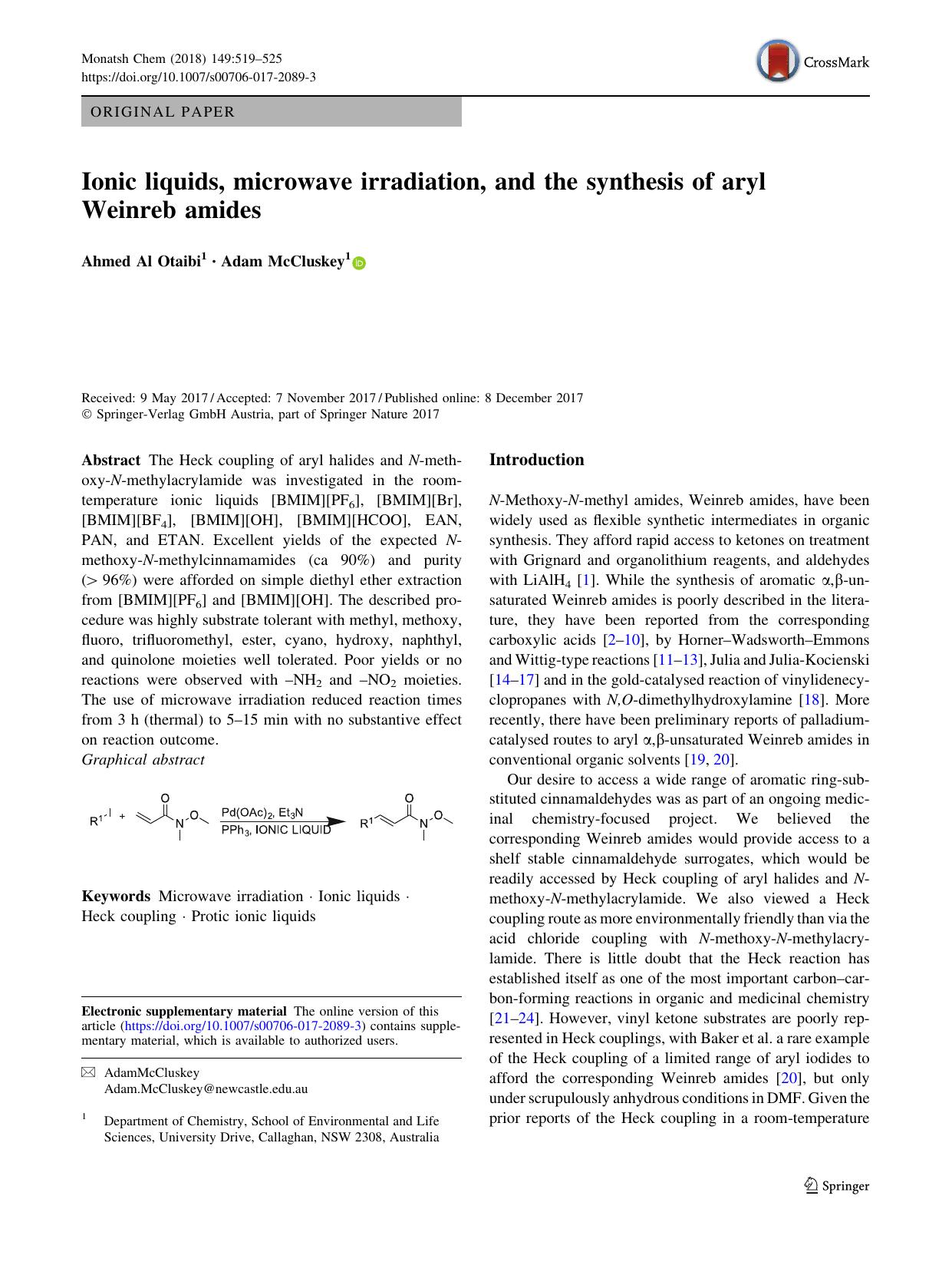 Ionic liquids, microwave irradiation, and the synthesis of aryl Weinreb amides by Ahmed Al Otaibi & Adam McCluskey