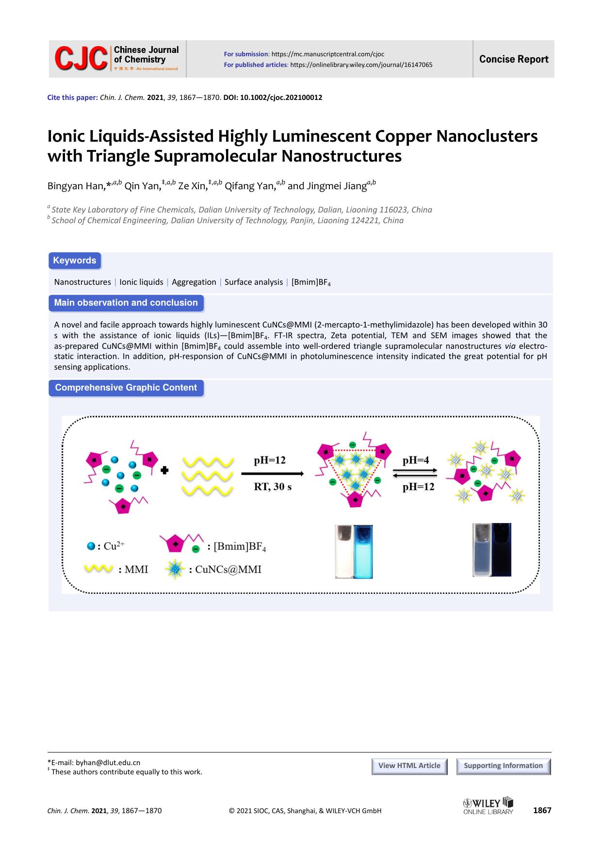 Ionic liquids-assisted highly luminescent copper nanoclusters with triangle supramolecular nanostructures by 201606280848