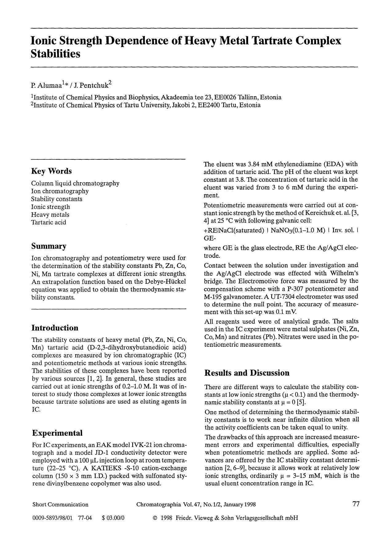 Ionic strength dependence of heavy metal tartrate complex stabilities by Unknown