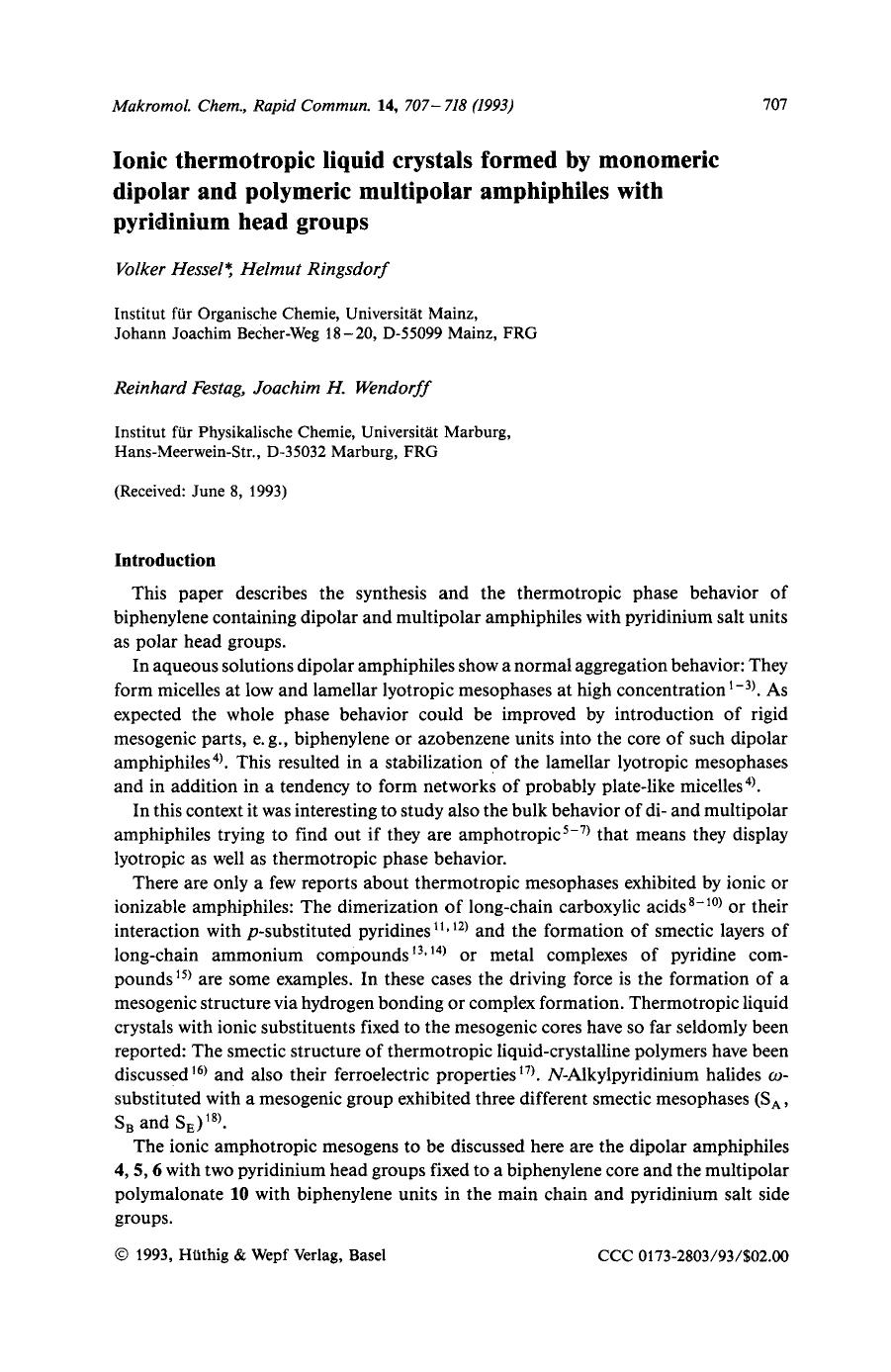 Ionic thermotropic liquid crystals formed by monomeric dipolar and polymeric multipolar amphiphiles with pyridinium head groups by Unknown