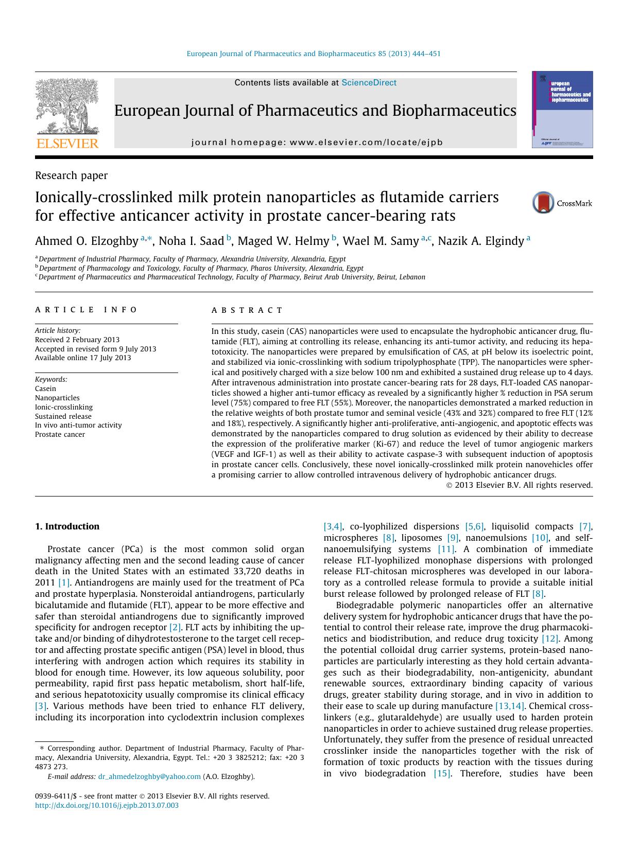 Ionically-crosslinked milk protein nanoparticles as flutamide carriers for effective anticancer activity in prostate cancer-bearing rats by Ahmed O. Elzoghby & Noha I. Saad & Maged W. Helmy & Wael M. Samy & Nazik A. Elgindy
