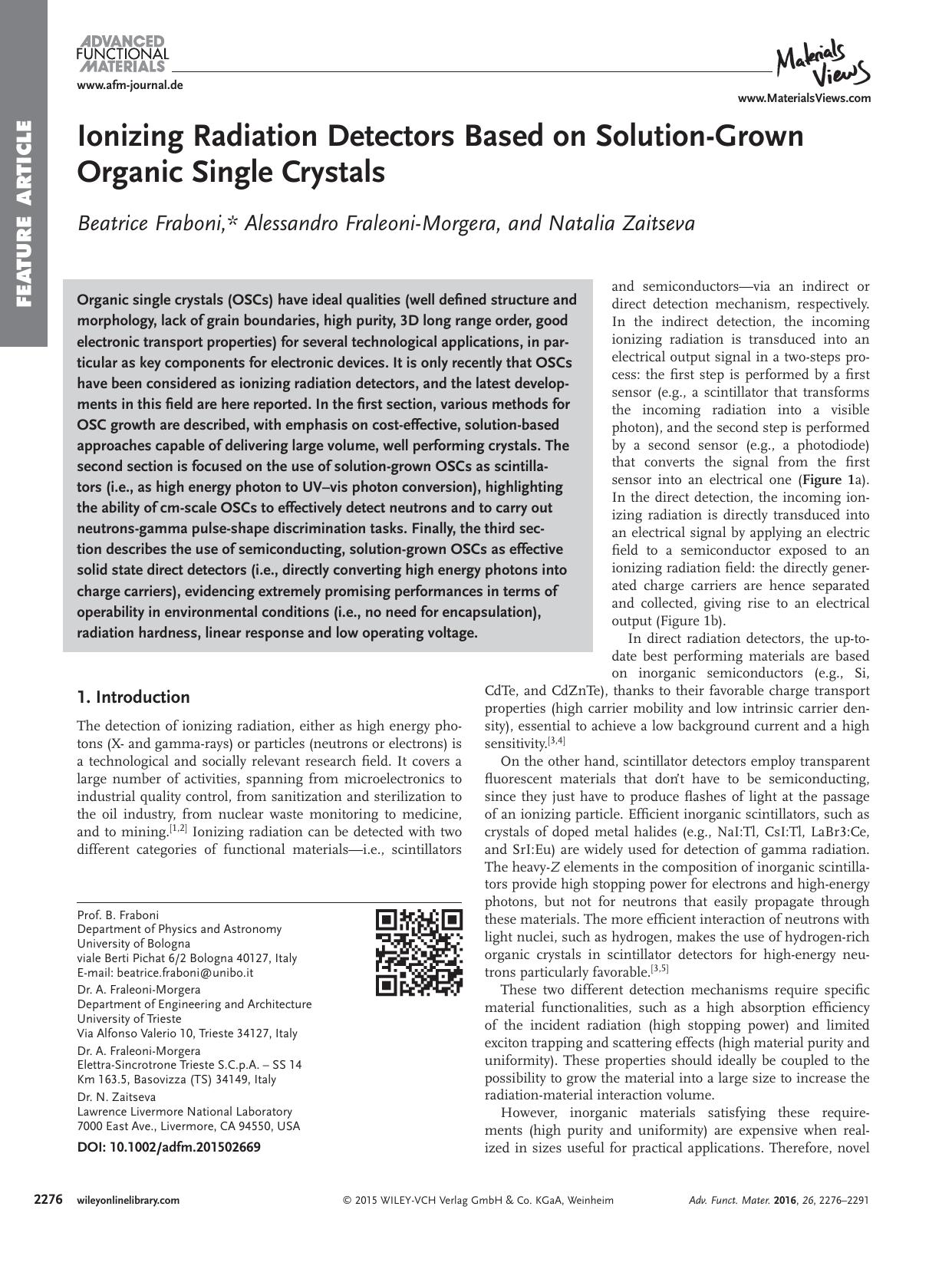 Ionizing Radiation Detectors Based on Solution‐Grown Organic Single Crystals by Unknown