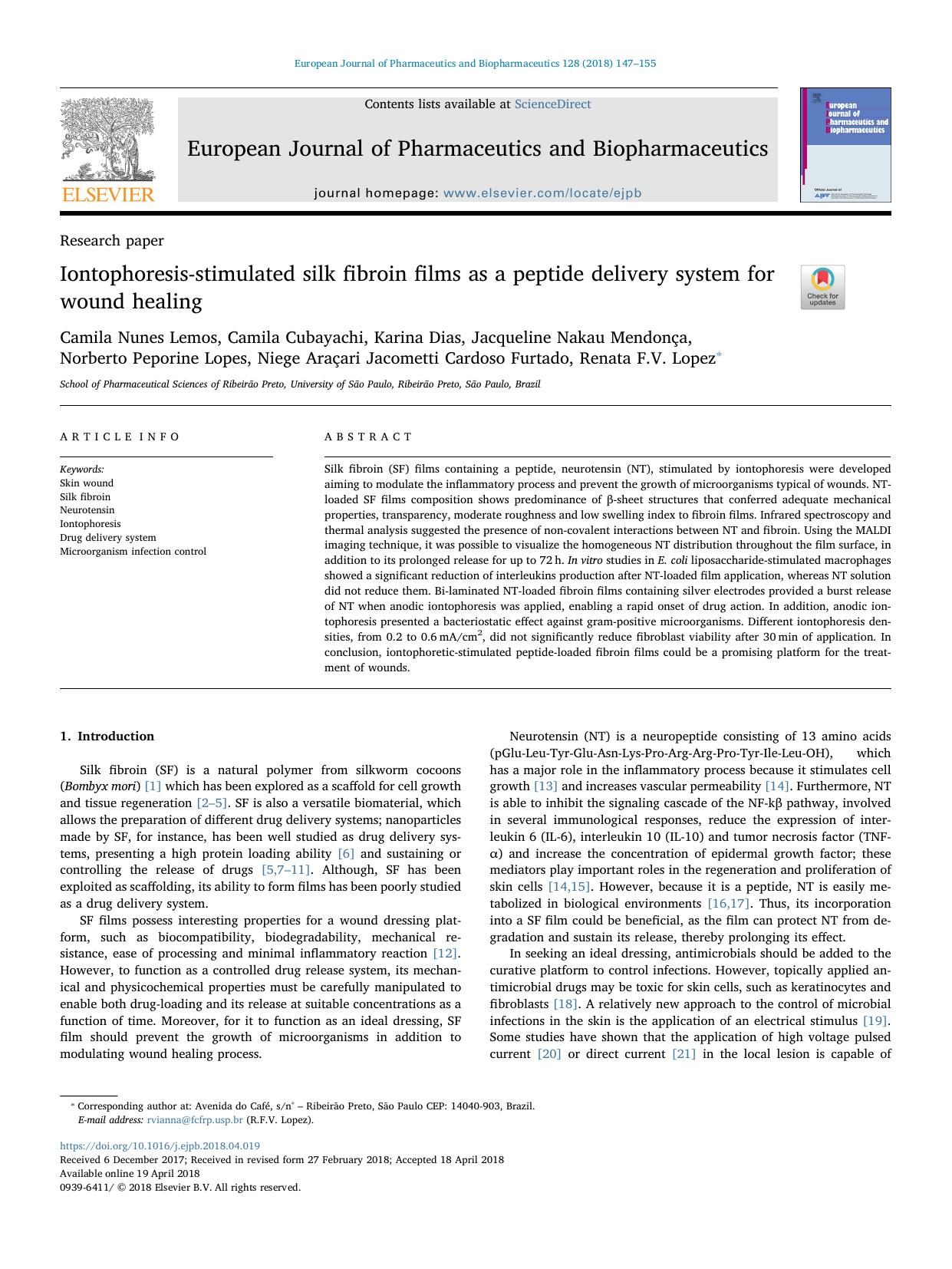 Iontophoresis-stimulated silk fibroin films as a peptide delivery system for wound healing by unknow