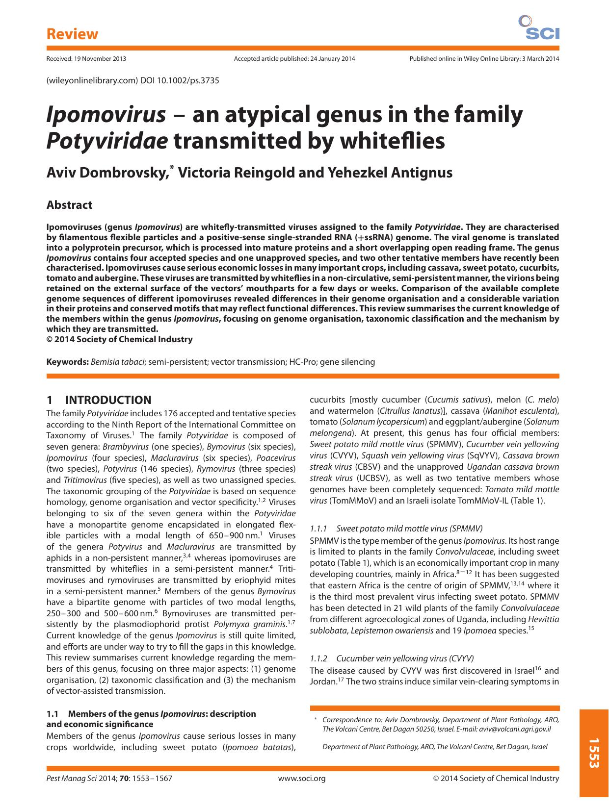 Ipomovirus -- an atypical genus in the family Potyviridae transmitted by whiteflies by Unknown
