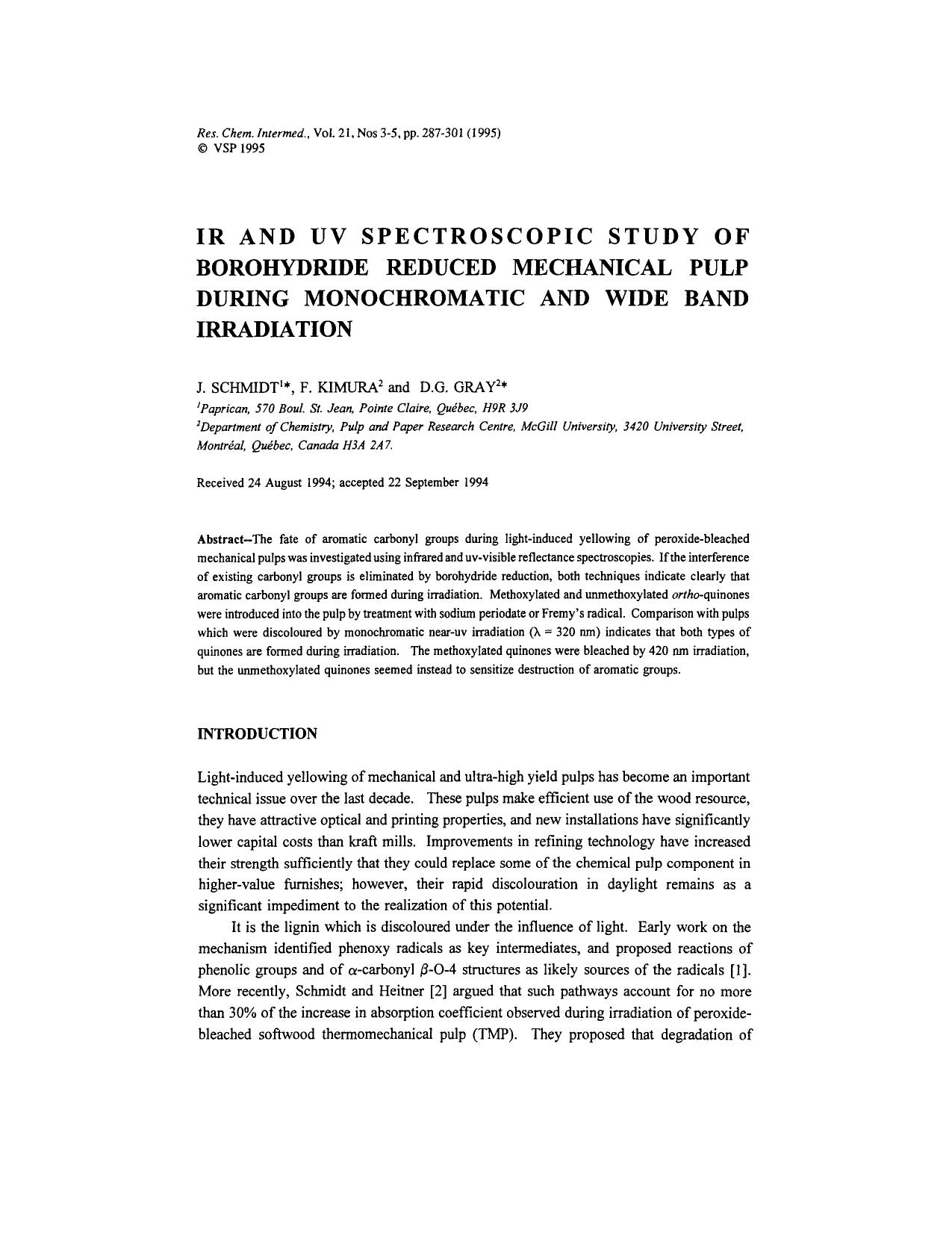 Ir and uv spectroscopic study of borohydride reduced mechanical pulp during monochromatic and wide band irradiation by Unknown