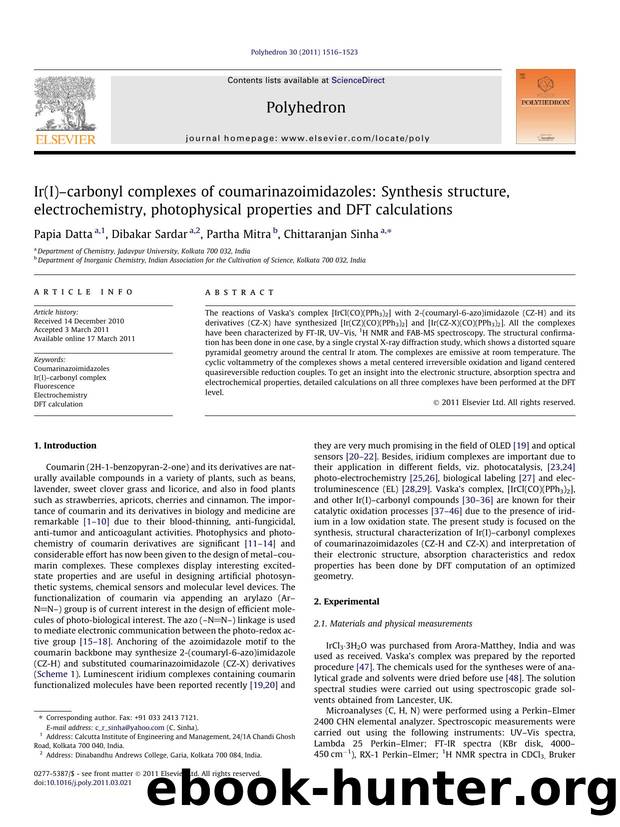 Ir(I)Ã¢â¬âcarbonyl complexes of coumarinazoimidazoles: Synthesis structure, electrochemistry, photophysical properties and DFT calculations by Papia Datta & Dibakar Sardar & Partha Mitra & Chittaranjan Sinha