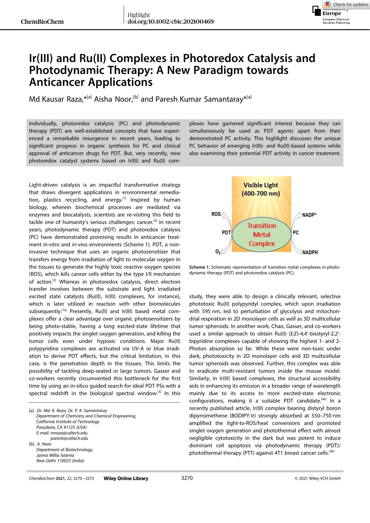 Ir(III) and Ru(II) Complexes in Photoredox Catalysis and Photodynamic Therapy: A New Paradigm towards Anticancer Applications by Unknown