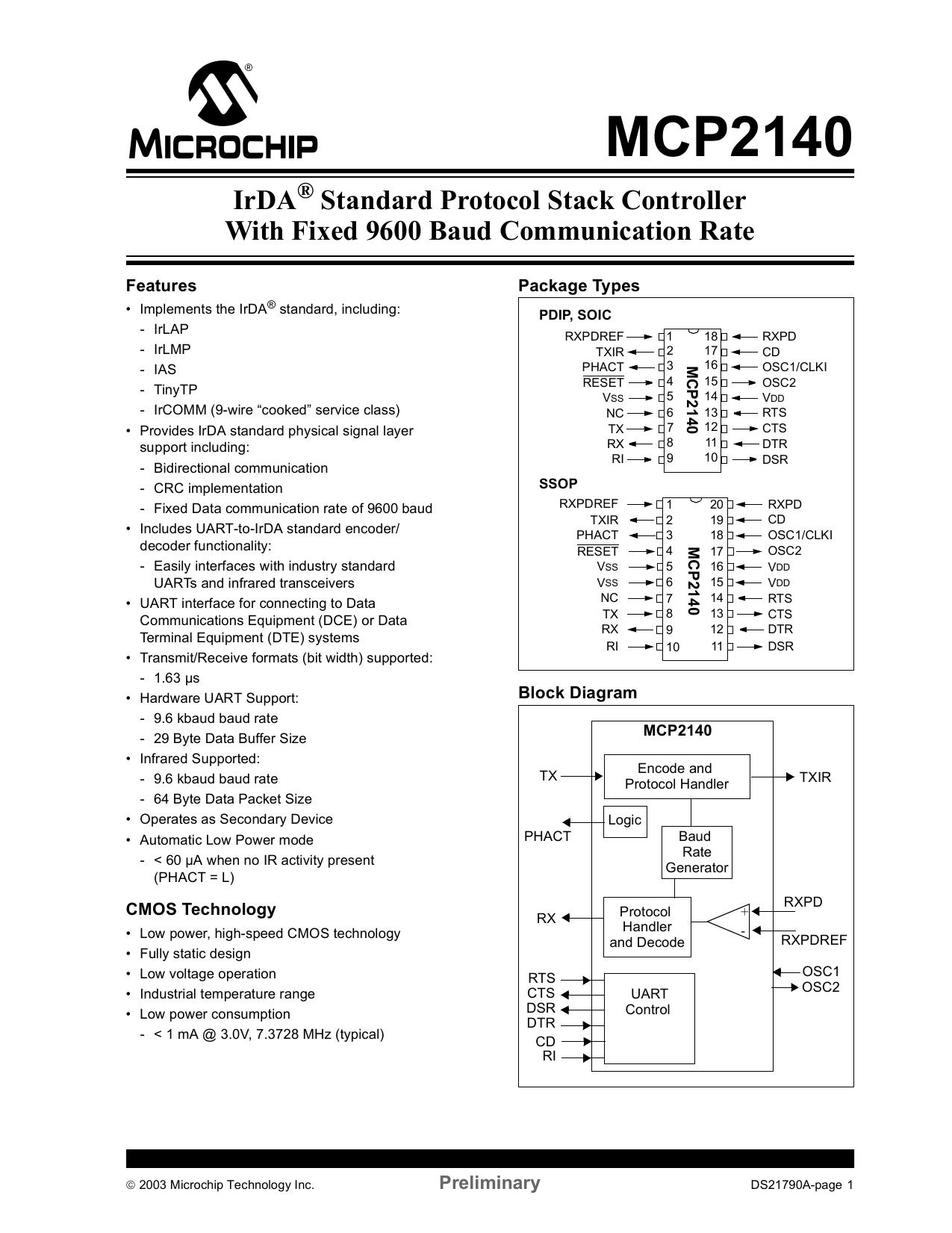 IrDA Standard Protocol Stack Controller with Fixed 9600 Baud Communication Rate by Microchip Technology Inc