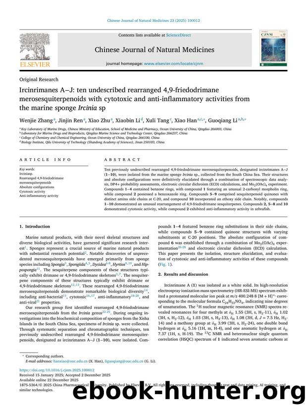 Ircinrimanes AÅ J: ten undescribed rearranged 4,9-friedodrimane merosesquiterpenoids with cytotoxic and anti-inflammatory activities from the marine sponge Ircinia sp by Wenjie Zhang & Jinjin Ren & Xiao Zhu & Xiaobin Li & Xuli Tang & Xiao Han & Guoqiang Li