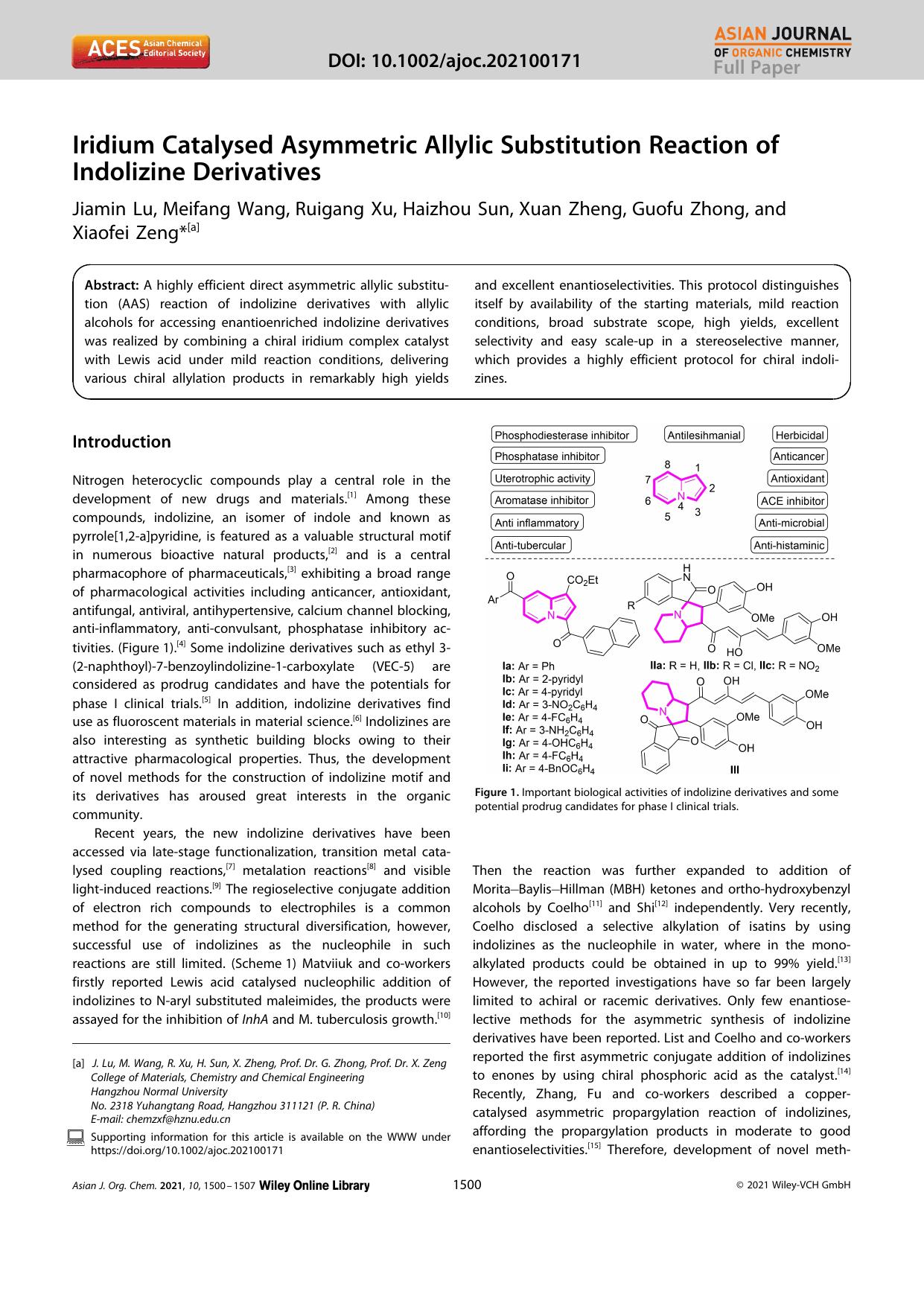 Iridium Catalysed Asymmetric Allylic Substitution Reaction of Indolizine Derivatives by Unknown