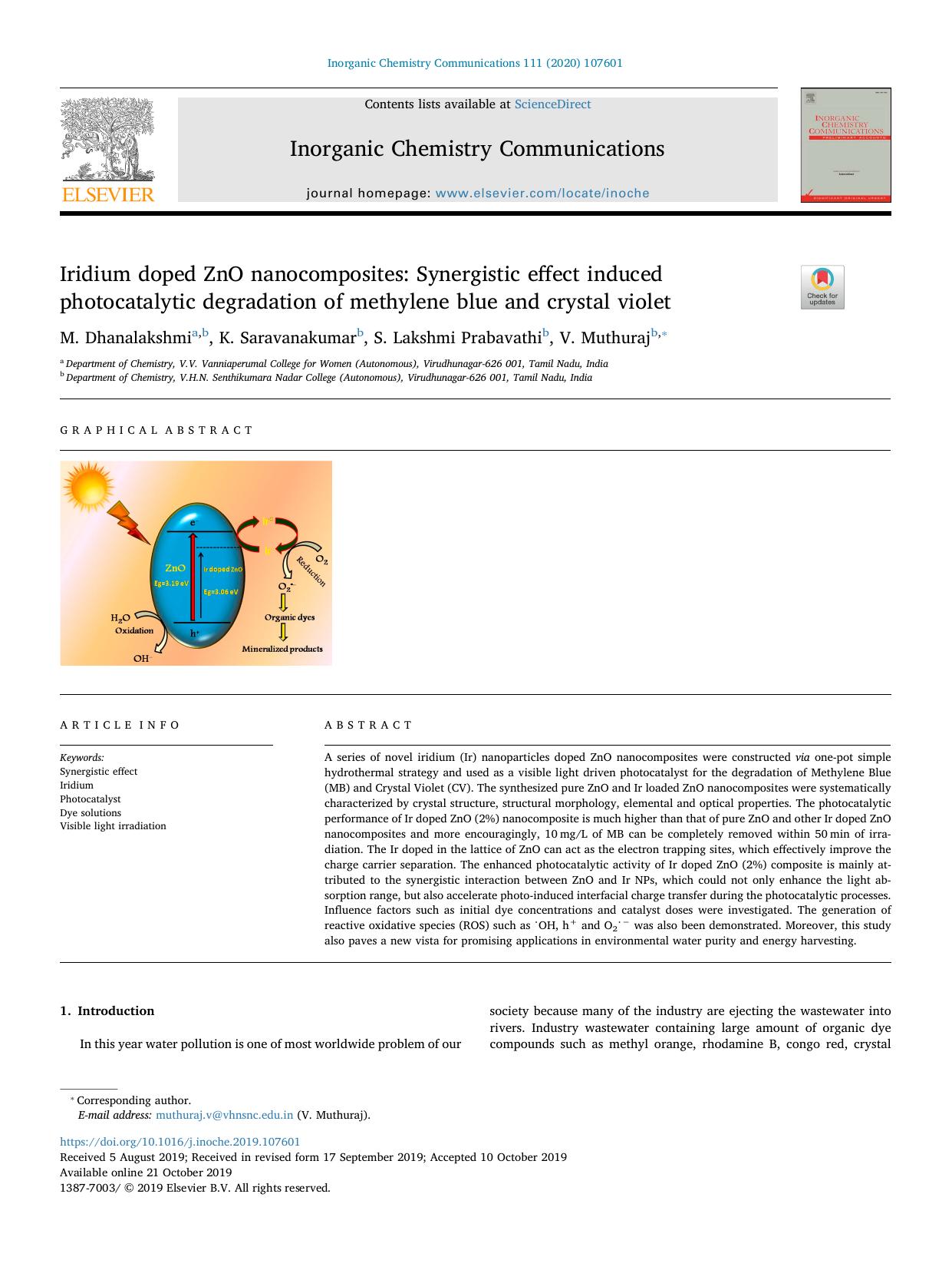 Iridium doped ZnO nanocomposites_ Synergistic effect induced photocatalytic degradation of methylene blue and crystal violet by M. Dhanalakshmi & K. Saravanakumar & S. Lakshmi Prabavathi & V. Muthuraj
