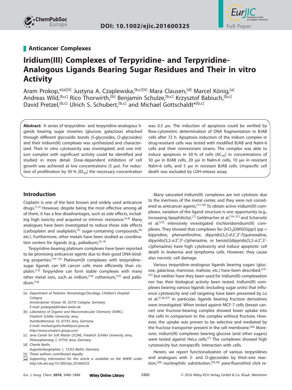 Iridium(III) Complexes of Terpyridine&#x02010; and Terpyridine&#x02010;Analogous Ligands Bearing Sugar Residues and Their in vitro Activity by Unknown