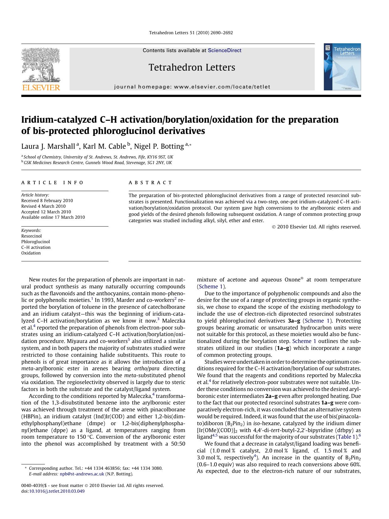 Iridium-catalyzed CâH activationborylationoxidation for the preparation of bis-protected phloroglucinol derivatives by Laura J. Marshall; Karl M. Cable; Nigel P. Botting