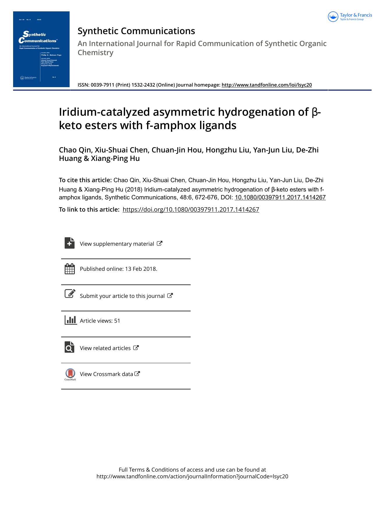Iridium-catalyzed asymmetric hydrogenation of Î²-keto esters with f-amphox ligands by Chao Qin
