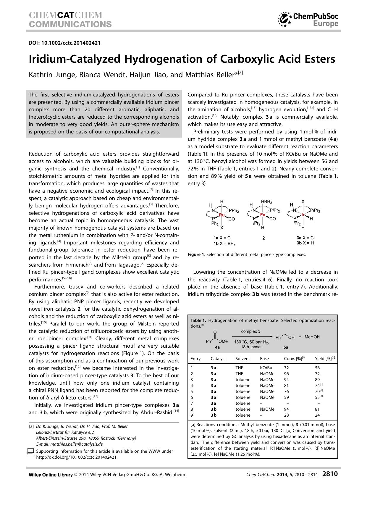 IridiumCatalyzed Hydrogenation of Carboxylic Acid Esters by Unknown