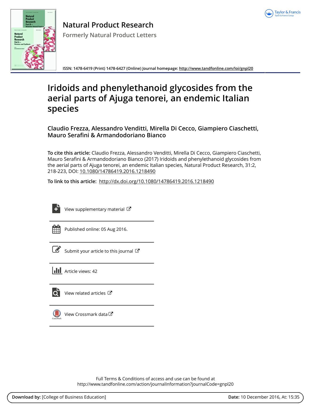 Iridoids and phenylethanoid glycosides from the aerial parts of Ajuga tenorei, an endemic Italian species by unknow