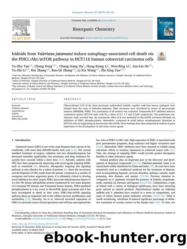Iridoids from Valeriana jatamansi induce autophagy-associated cell death via the PDK1AktmTOR pathway in HCT116 human colorectal carcinoma cells by unknow