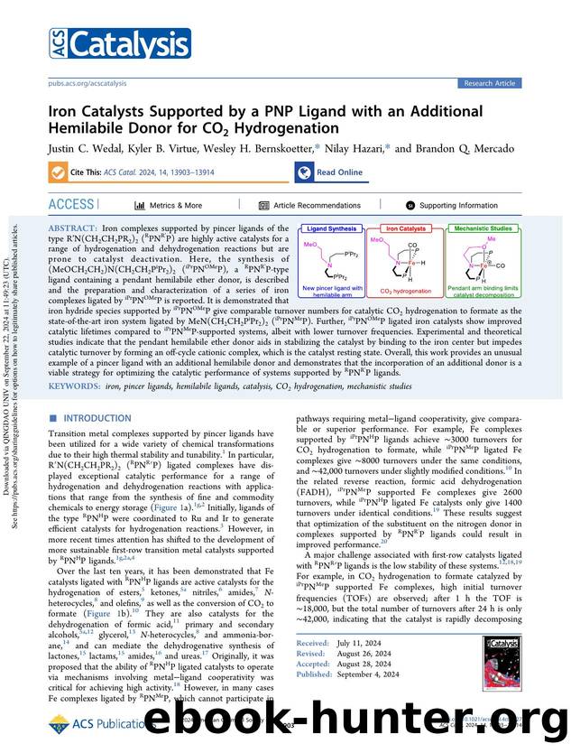 Iron Catalysts Supported by a PNP Ligand with an Additional Hemilabile Donor for CO2 Hydrogenation by Justin C. Wedal Kyler B. Virtue Wesley H. Bernskoetter Nilay Hazari & Brandon Q. Mercado
