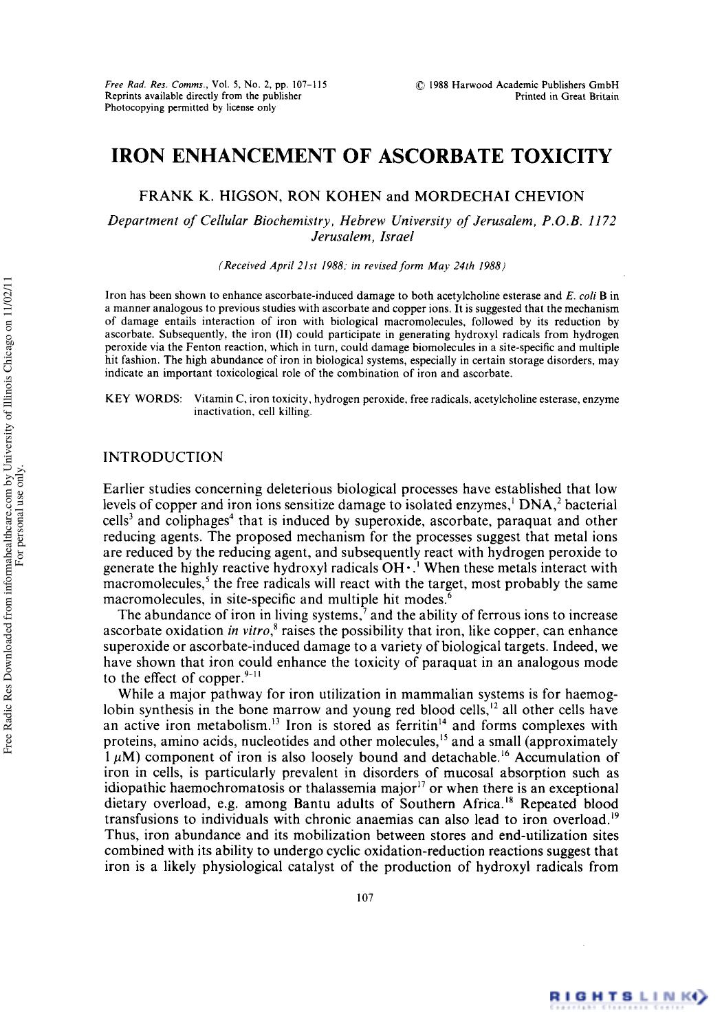 Iron Enhancement of Ascorbate Toxicity by Frank K. Higson1 Ron Kohen1 & Mordechai Chevion1