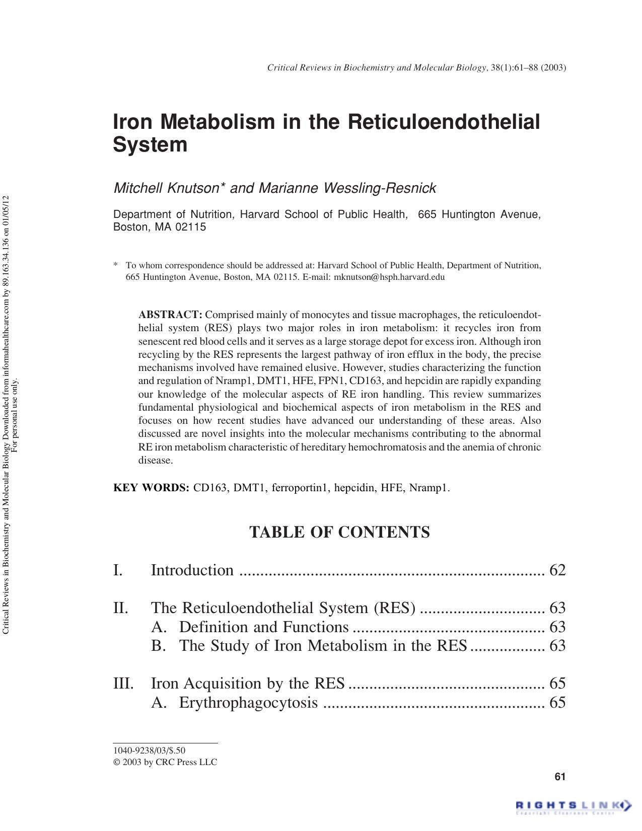 Iron Metabolism in the Reticuloendothelial System by Mitchell Knutson & Marianne Wessling-Resnick
