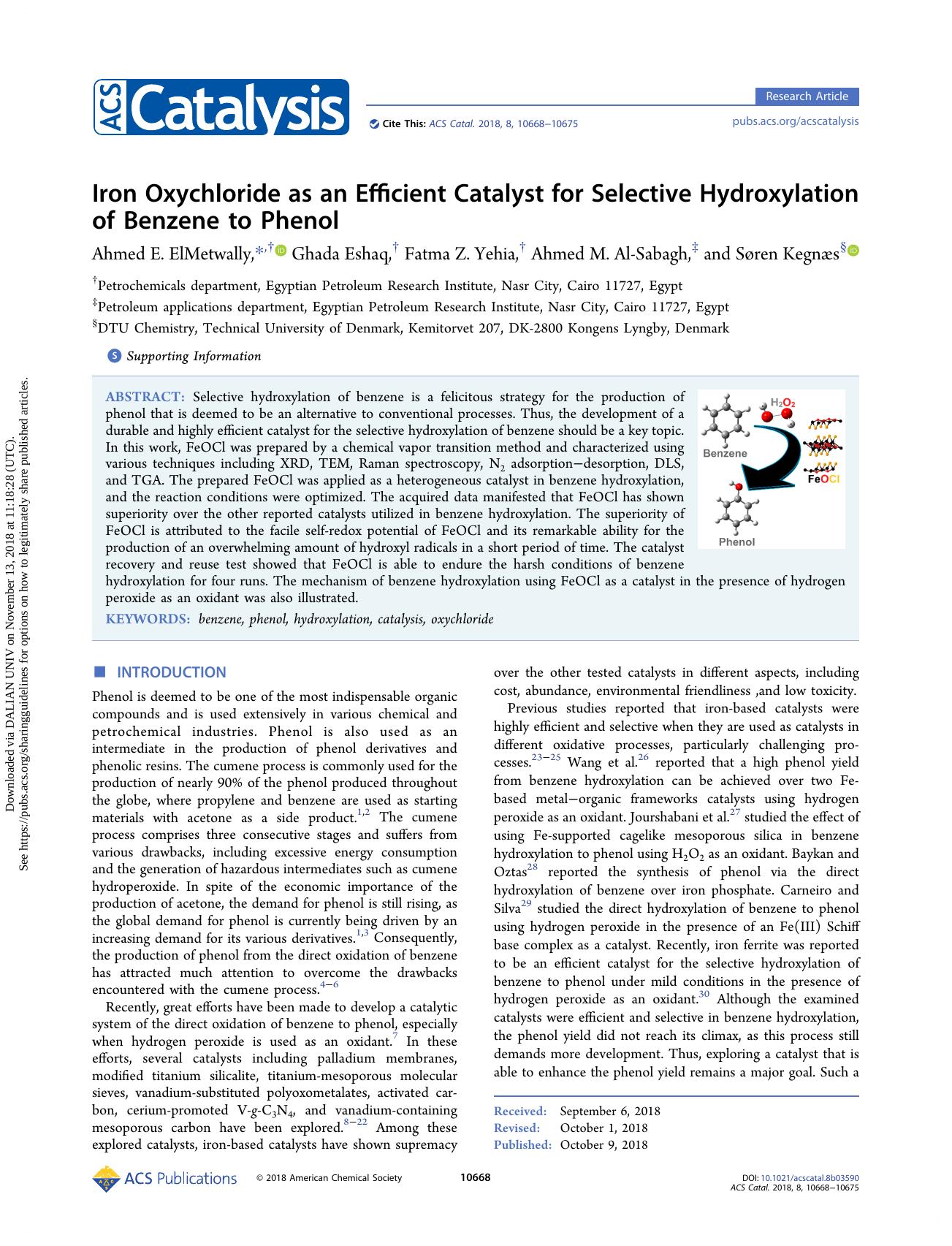 Iron Oxychloride as an Efficient Catalyst for Selective Hydroxylation of Benzene to Phenol by Ahmed E. ElMetwally & Ghada Eshaq & Fatma Z. Yehia & Ahmed M. Al-Sabagh & Søren Kegnæs