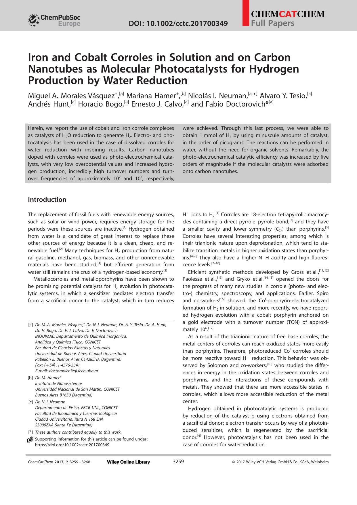Iron and Cobalt Corroles in Solution and on Carbon Nanotubes as Molecular Photocatalysts for Hydrogen Production by Water Reduction by Unknown