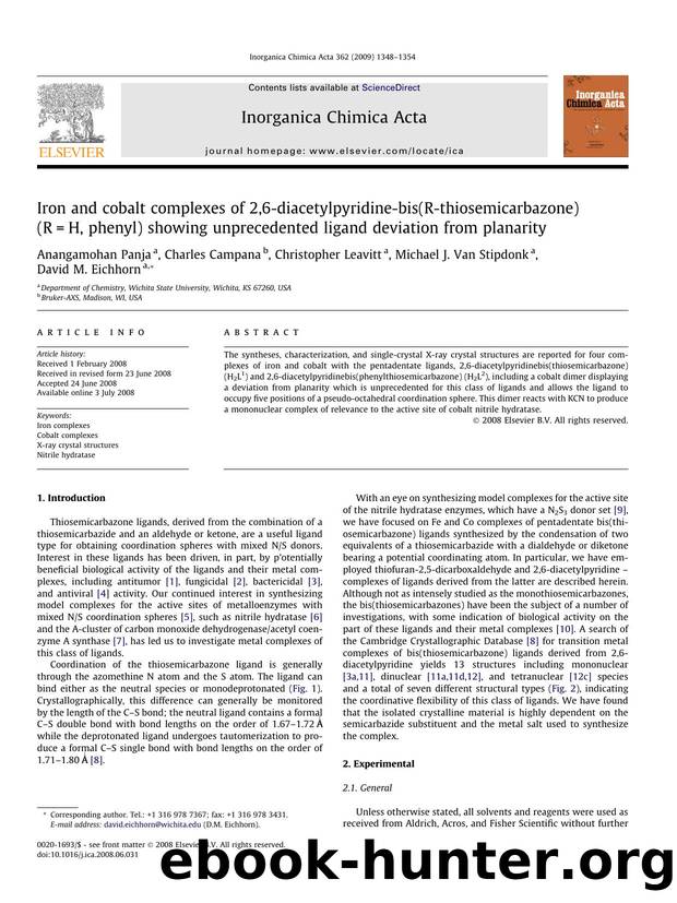 Iron and cobalt complexes of 2,6-diacetylpyridine-bis(R-thiosemicarbazone) (R=H, phenyl) showing unprecedented ligand deviation from planarity by Anangamohan Panja; Charles Campana; Christopher Leavitt; Michael J. Van Stipdonk; David M. Eichhorn