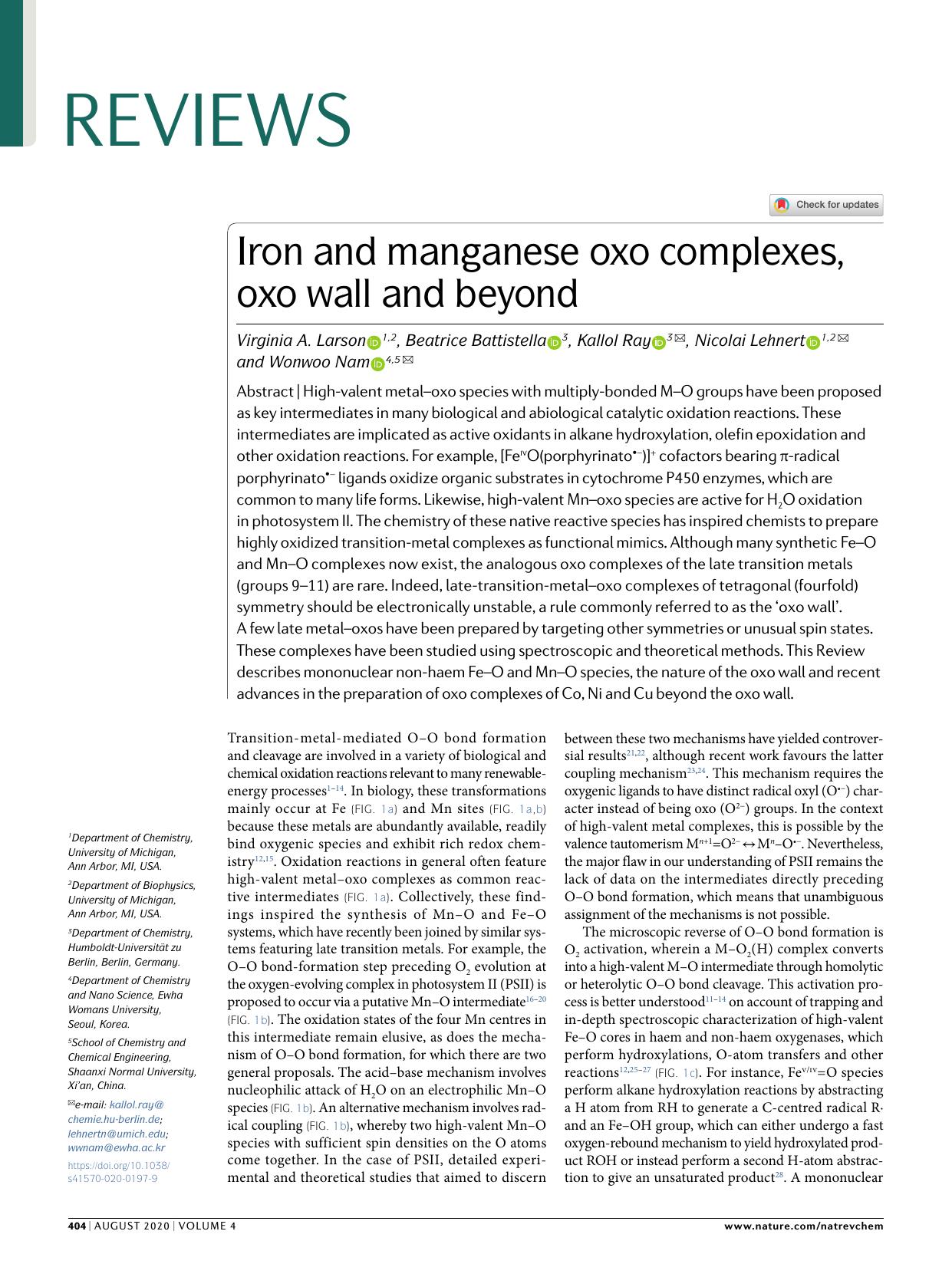 Iron and manganese oxo complexes, oxo wall and beyond by Virginia A. Larson & Beatrice Battistella & Kallol Ray & Nicolai Lehnert & Wonwoo Nam