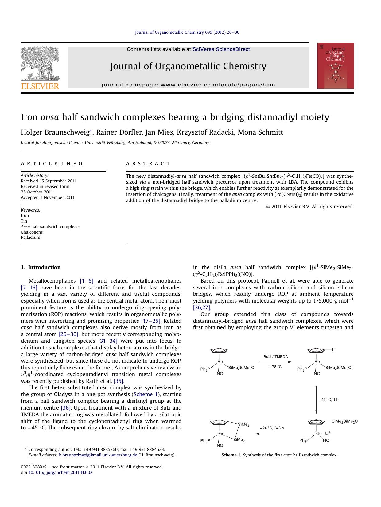 Iron ansa half sandwich complexes bearing a bridging distannadiyl moiety by Holger Braunschweig & Rainer Dörfler & Jan Mies & Krzysztof Radacki & Mona Schmitt