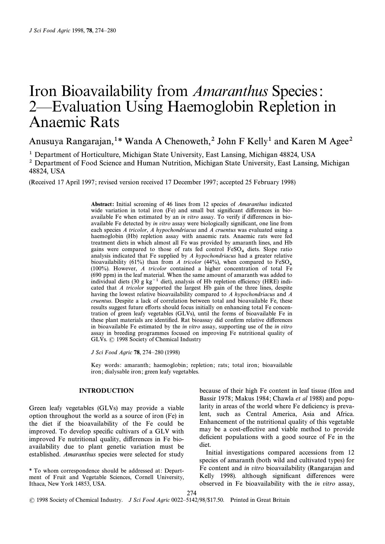 Iron bioavailability from Amaranthus species: 2-Evaluation using haemoglobin repletion in anaemic rats by Rangarajan Chenoweth Kelly Agee